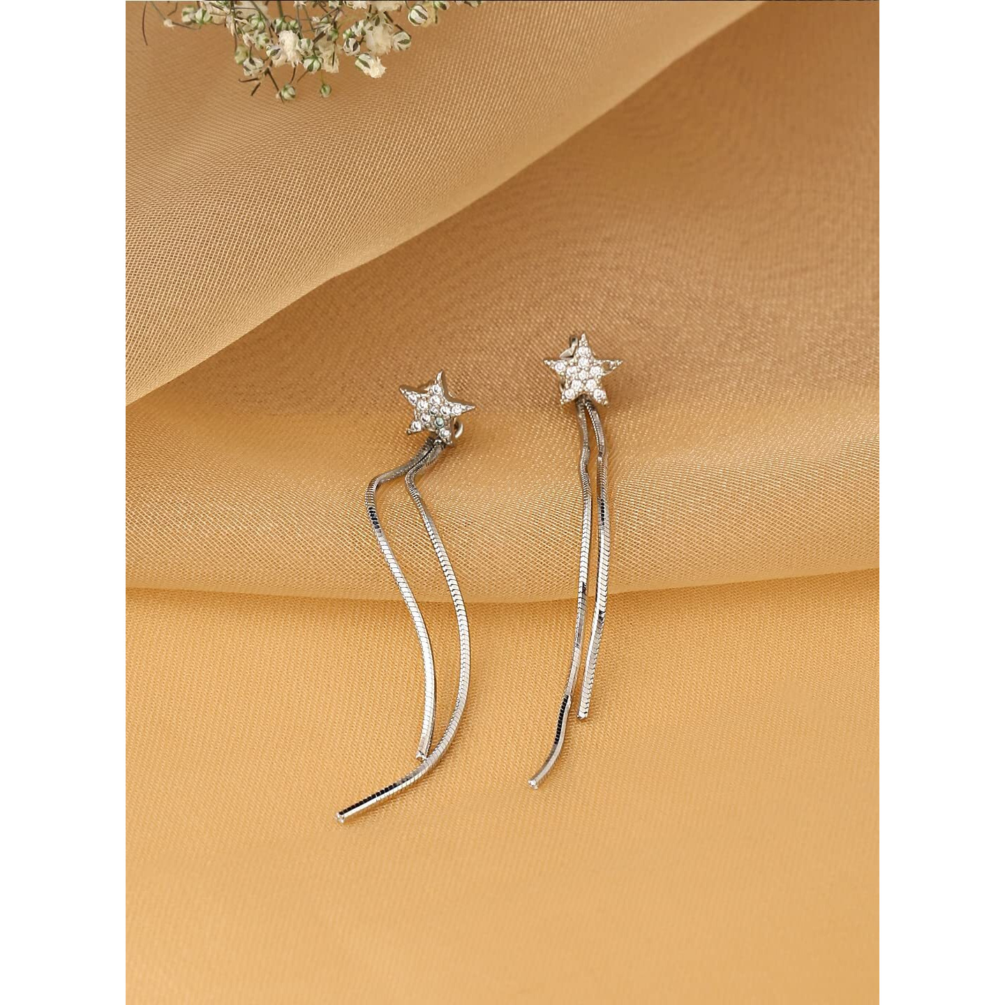 Yellow Chimes Earrings for Women and Girls Silver Crystal Dangler | Silver Toned Star Shaped Long Chain Danglers Earrings for Women | Birthday Gift for girls and women Anniversary Gift for Wife