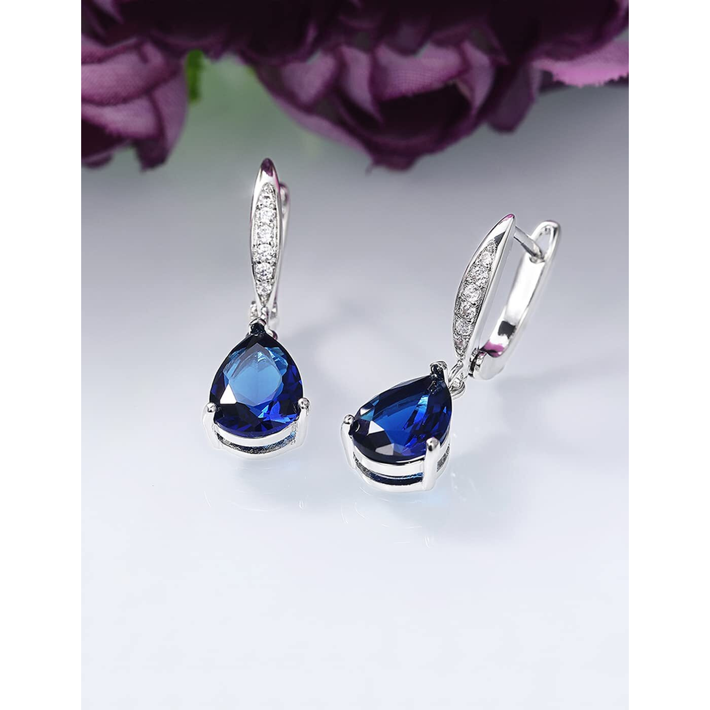 Yellow Chimes Earrings for Women and Girls Drop Earrings for Girls | Silver Tone Blue Crystal Studded Teardrop Designed Drop Earrings | Birthday Gift for girls and women Anniversary Gift for Wife