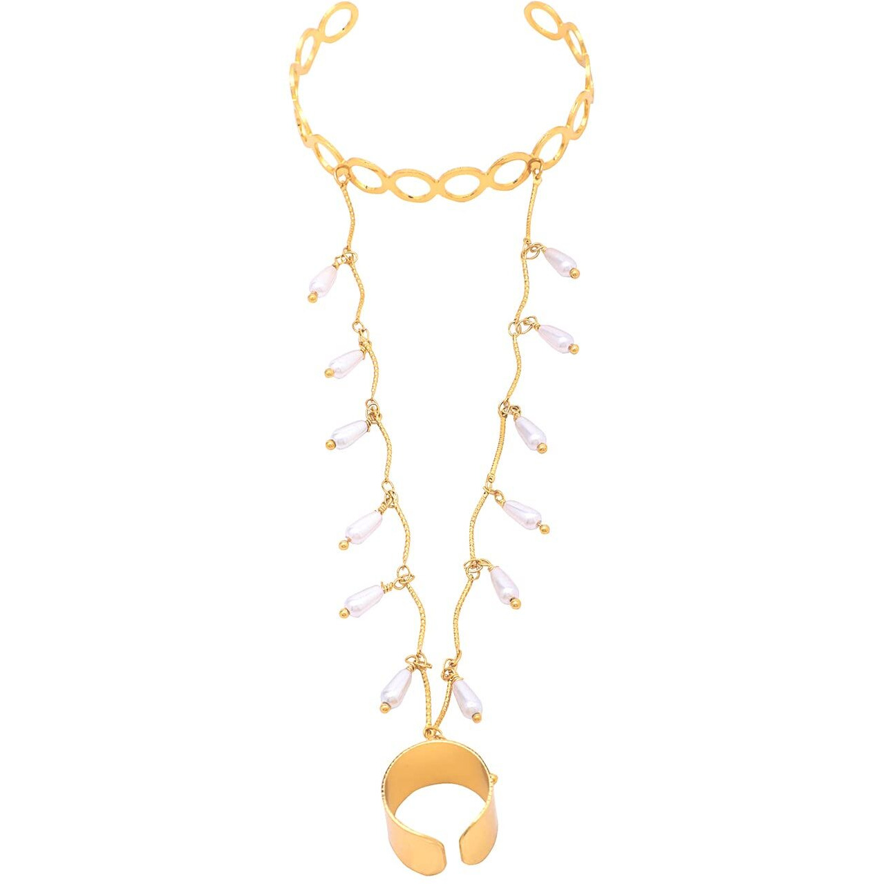 Yellow Chimes Ring Bracelet for Women and Girls Bracelet With Ring for Girls | Gold Plated Pearl Drop Chain Ring Bracelet | Birthday Gift For Girls and Women