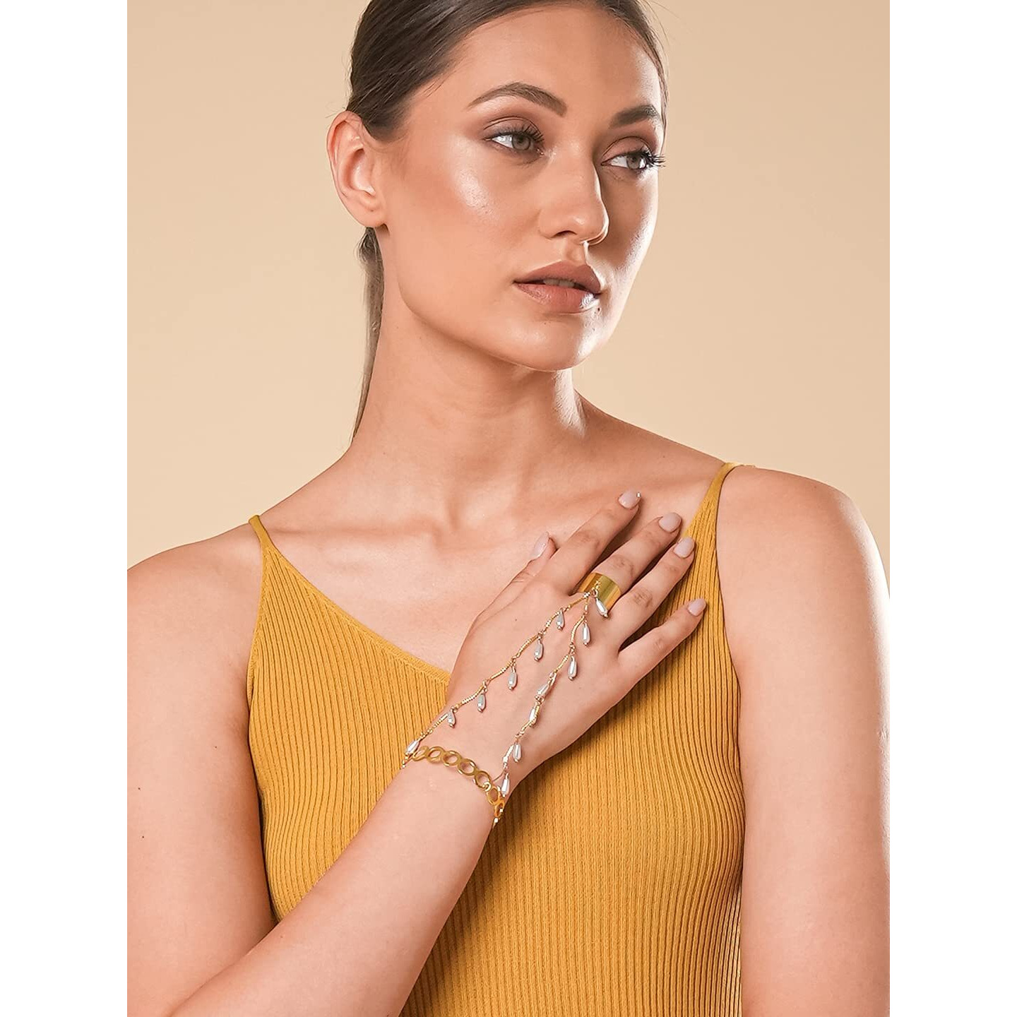 Yellow Chimes Ring Bracelet for Women and Girls Bracelet With Ring for Girls | Gold Plated Pearl Drop Chain Ring Bracelet | Birthday Gift For Girls and Women