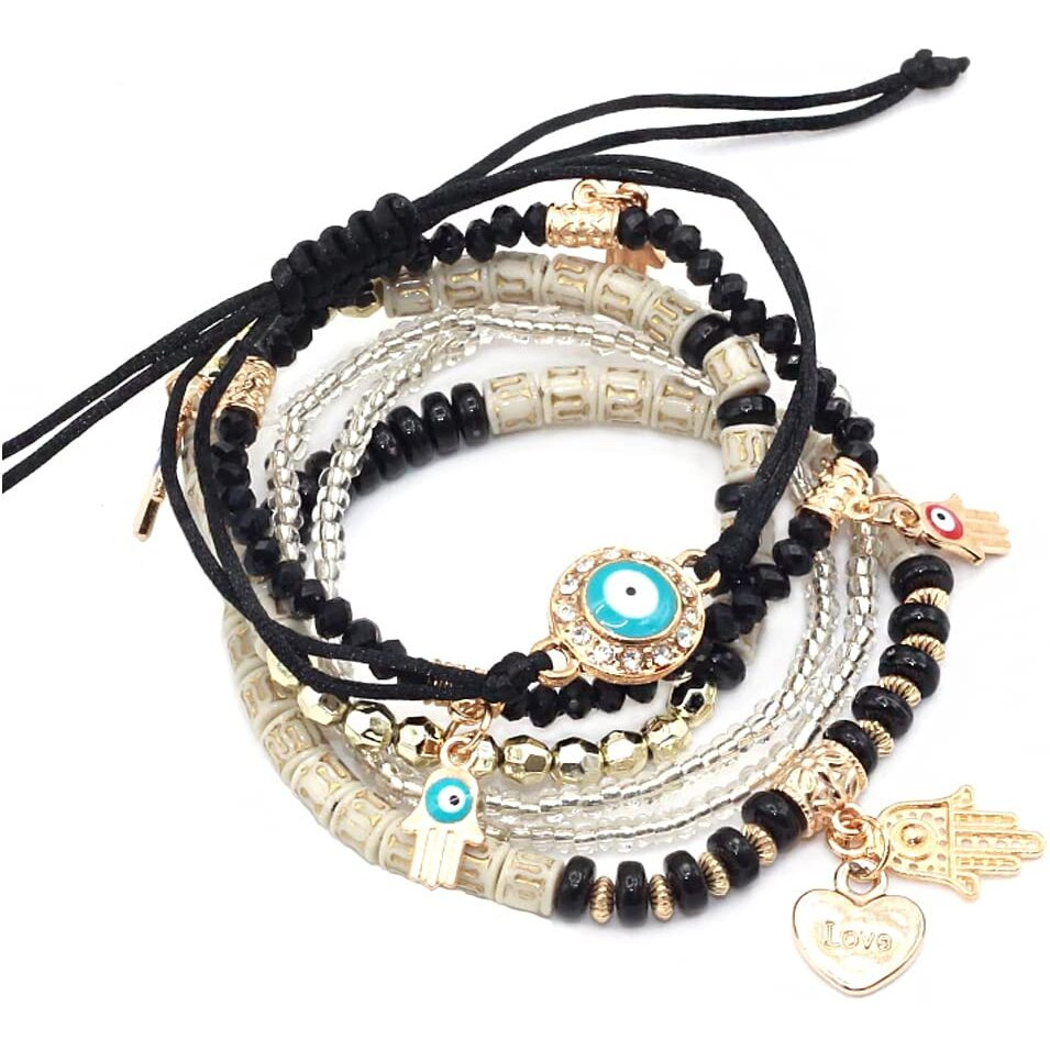 Yellow Chimes Bracelet for Women and Girls Evil Eye Nazariya Bracelets for Women | 6 Pcs Black Beads Layered Bracelet | Birthday Gift For girls and women Anniversary Gift for Wife