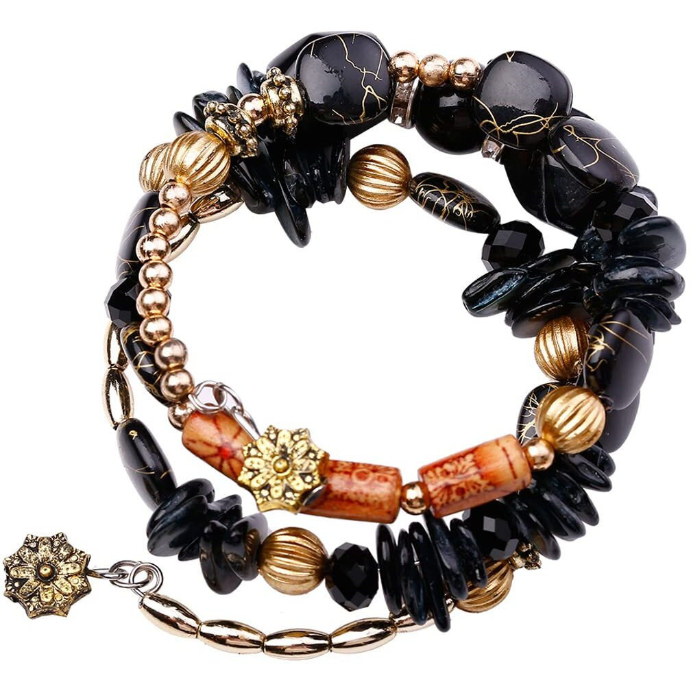 Yellow Chimes Bracelet for Women and Girls Fashion Black Beads Bracelets for Women | Bohemian Bead Bracelet | Stretch Beaded Layered Bracelet | Birthday Gift For girls and Women