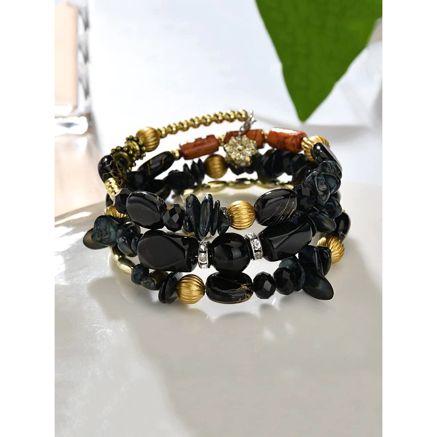 Yellow Chimes Bracelet for Women and Girls Fashion Black Beads Bracelets for Women | Bohemian Bead Bracelet | Stretch Beaded Layered Bracelet | Birthday Gift For girls and Women
