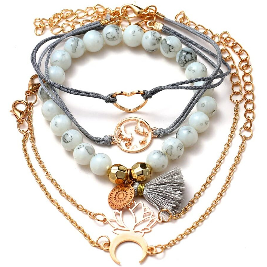 Yellow Chimes Bracelet for Women and Girls Fashion Heart Chain Bracelets for Women | 5 Pcs Stackable Bead Bracelet | Stretch Beaded Layered Bracelet | Birthday Gift For girls and Women