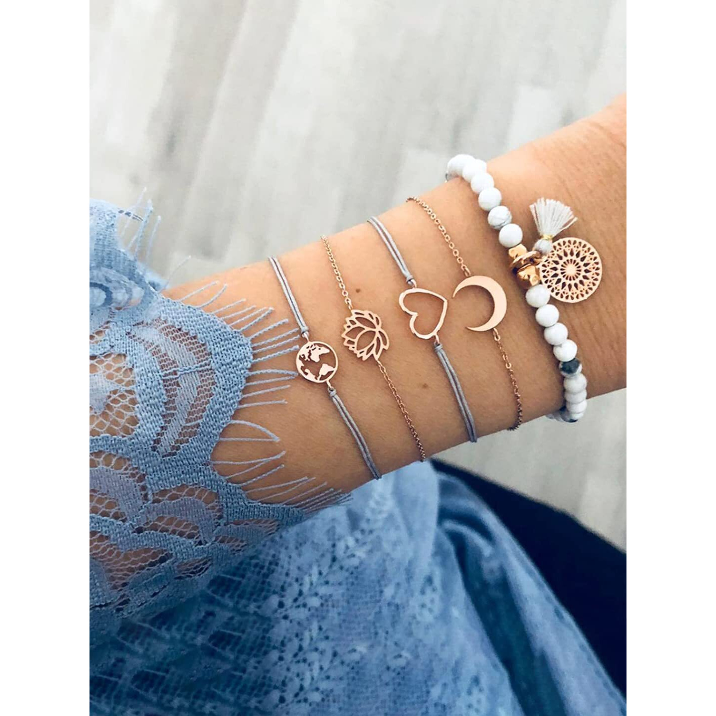 Yellow Chimes Bracelet for Women and Girls Fashion Heart Chain Bracelets for Women | 5 Pcs Stackable Bead Bracelet | Stretch Beaded Layered Bracelet | Birthday Gift For girls and Women