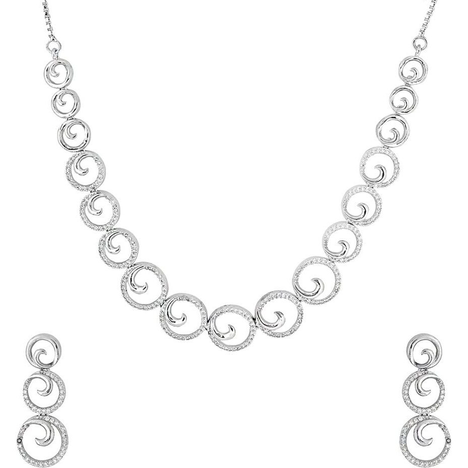 Yellow Chimes American Diamond Necklace Set For Women | White Stone Silver Jewellery Set For Women | Circle Shaped Diamond Necklace Set | Birthday Gift for Girls Anniversary Gift for Wife