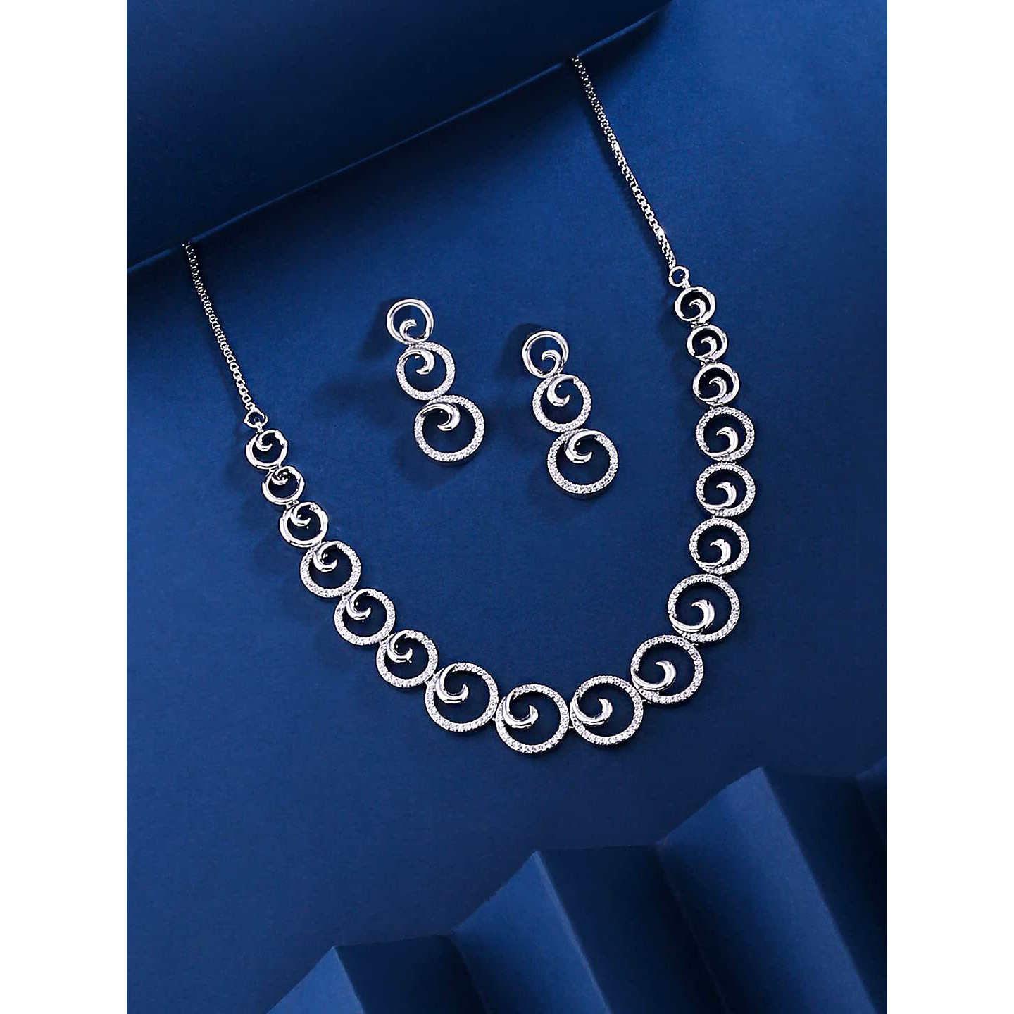 Yellow Chimes American Diamond Necklace Set For Women | White Stone Silver Jewellery Set For Women | Circle Shaped Diamond Necklace Set | Birthday Gift for Girls Anniversary Gift for Wife