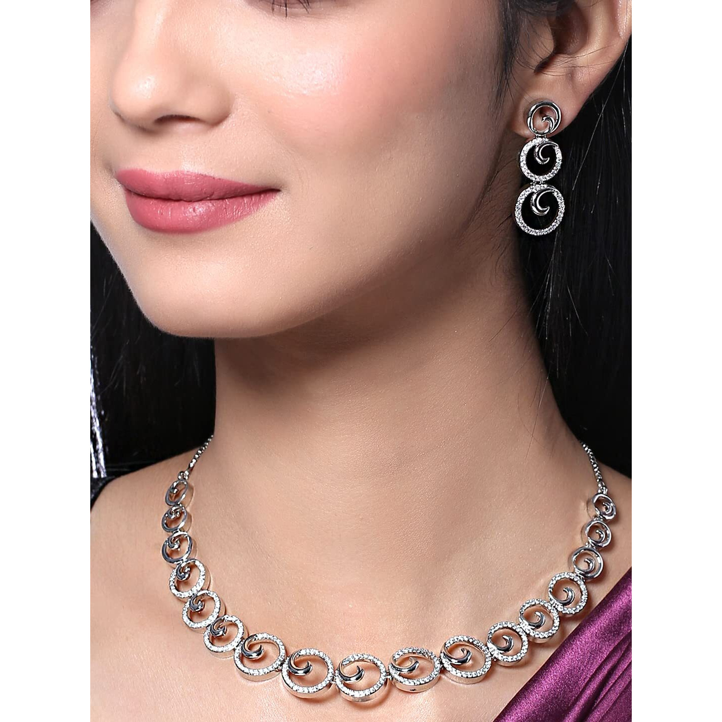 Yellow Chimes American Diamond Necklace Set For Women | White Stone Silver Jewellery Set For Women | Circle Shaped Diamond Necklace Set | Birthday Gift for Girls Anniversary Gift for Wife