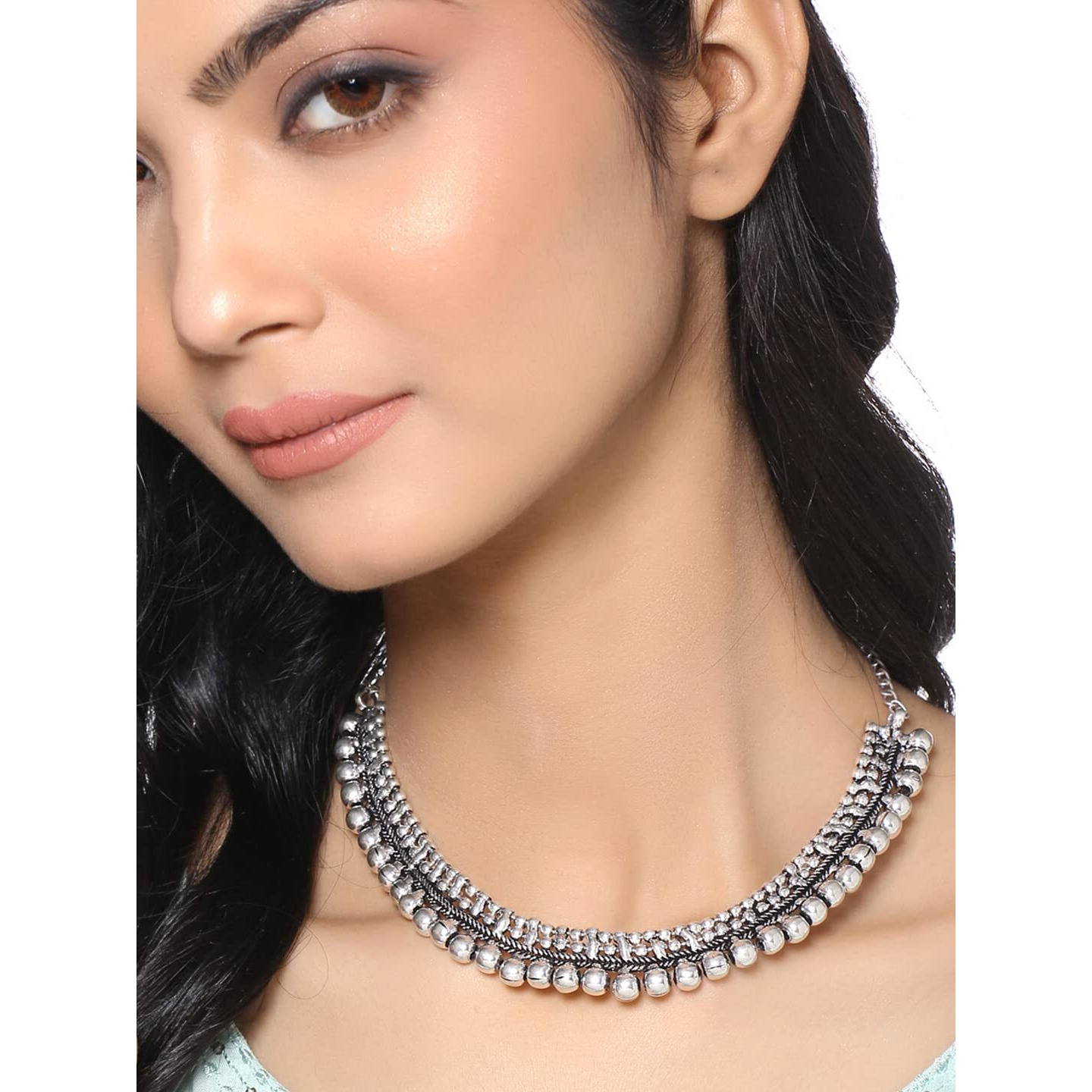 Yellow Chimes Necklace for Women Silver Oxidised Beads Studded Choker Necklace for Women and Girls