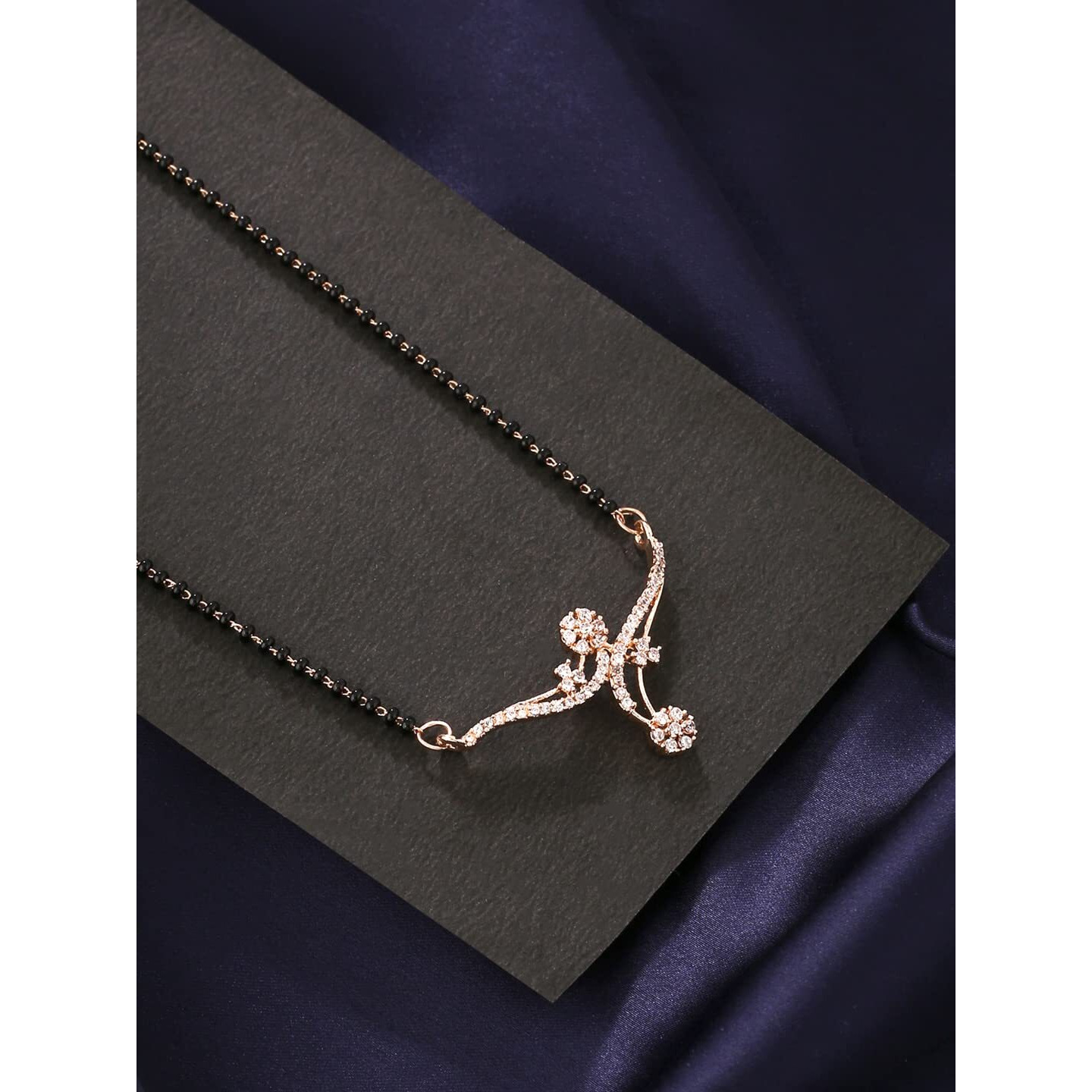 Yellow Chimes Mangalsutra for Women Silver Toned AD/American Diamond Studded Black Beads Mangalsutra for Women and Girls
