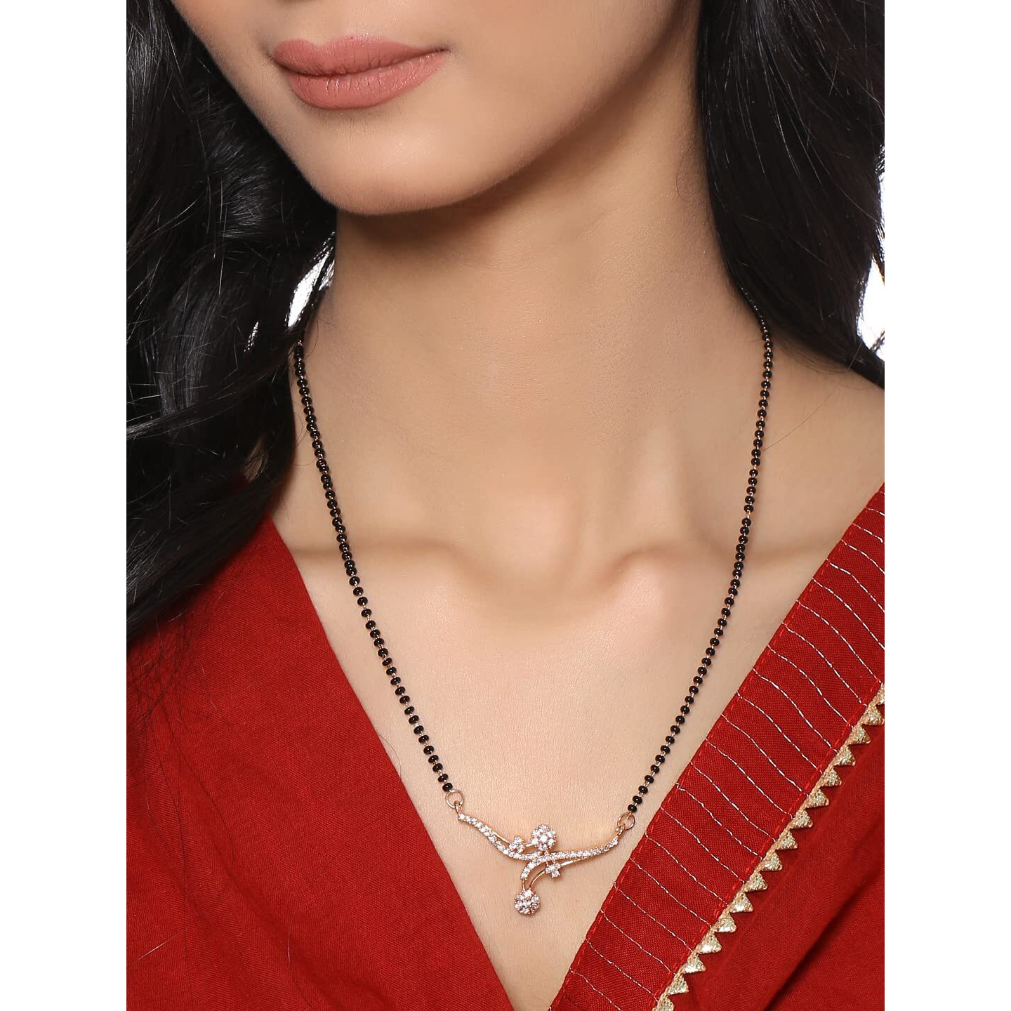 Yellow Chimes Mangalsutra for Women Silver Toned AD/American Diamond Studded Black Beads Mangalsutra for Women and Girls