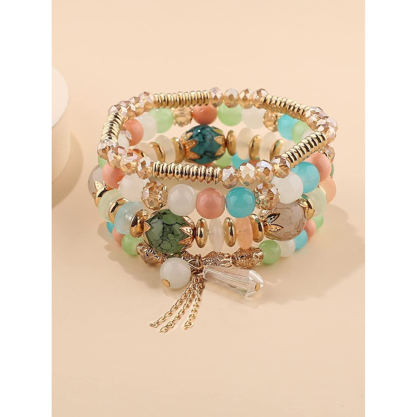 Yellow Chimes Bracelet for Women and Girls Fashion Multicolor Beads Bracelets for Women | 4 Pcs Stackable Bead Bracelet | Stretch Beaded Layered Bracelet | Birthday Gift For girls and Women