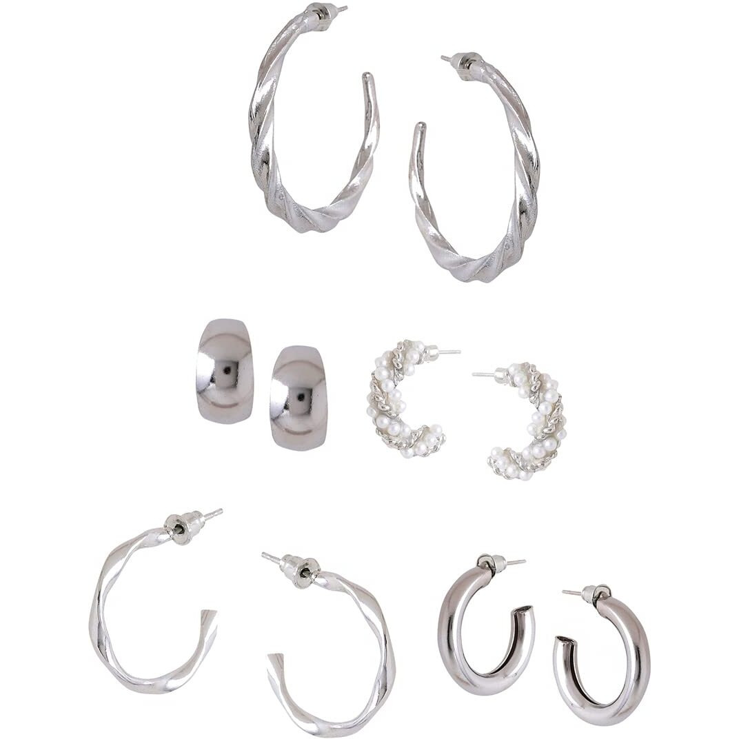 Yellow Chimes Hoop Earrings for Women Fashion Silver Hoops Earrings | Rhodium Plated Combo of 5 Pairs Hoops Bali Earrings for Girls | Birthday Gift for Girls & Women Anniversary Gift for Wife