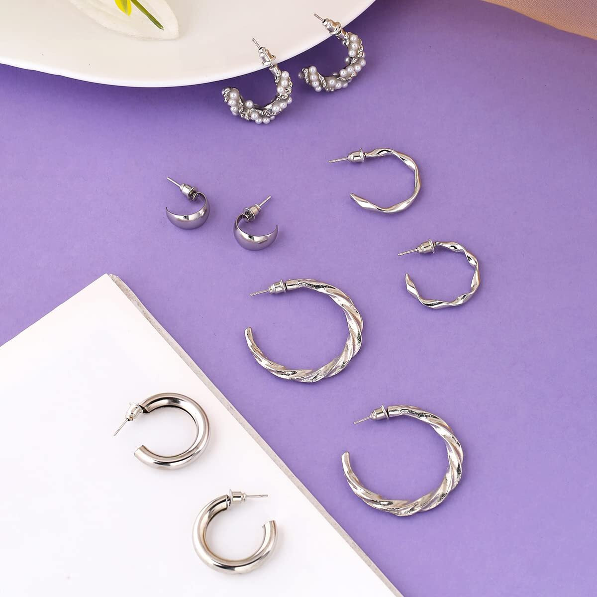 Yellow Chimes Hoop Earrings for Women Fashion Silver Hoops Earrings | Rhodium Plated Combo of 5 Pairs Hoops Bali Earrings for Girls | Birthday Gift for Girls & Women Anniversary Gift for Wife