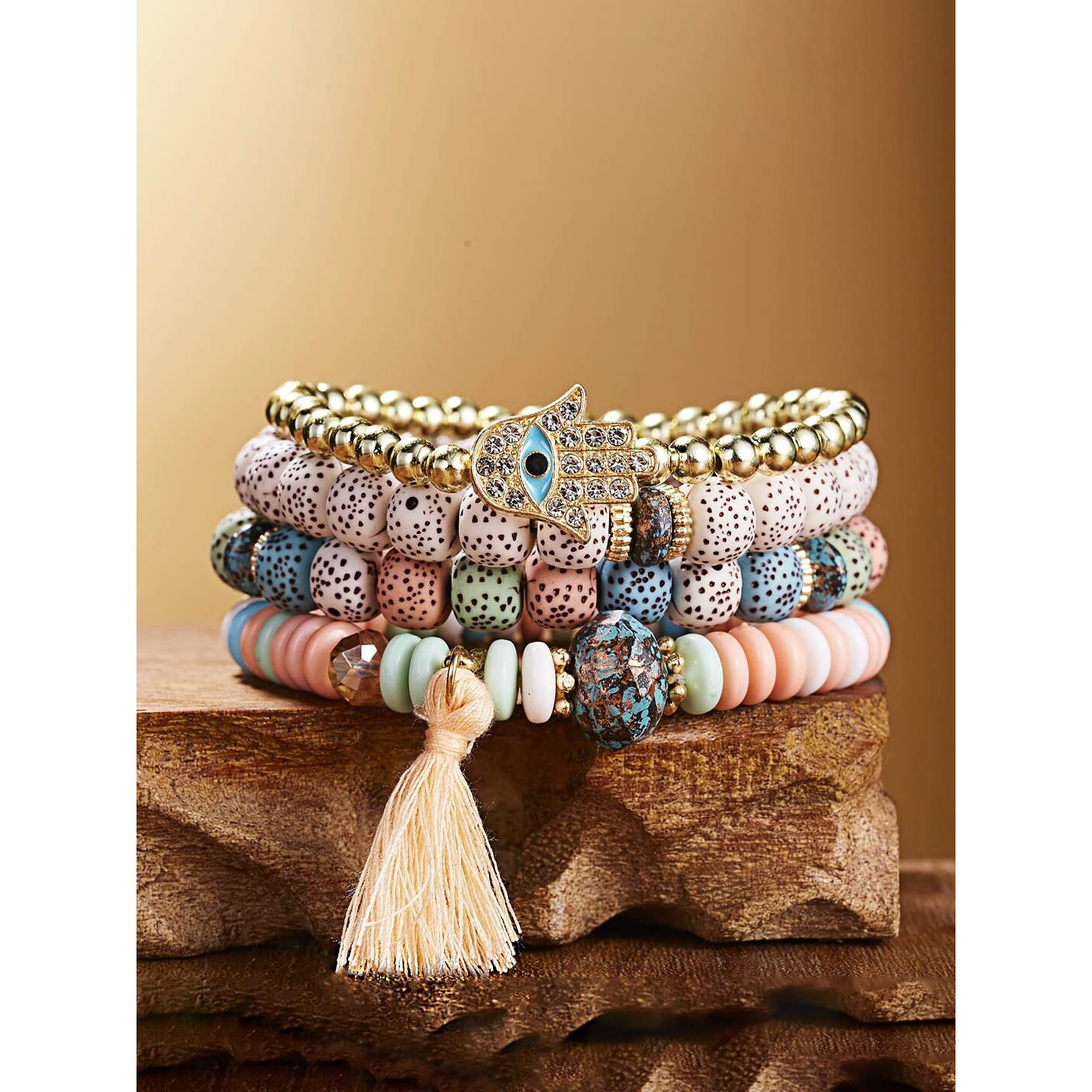 Yellow Chimes Bracelet for Women and Girls Evil Eye Nazariya Bracelets for Women | 4 Pcs Multicolor Beads Layered Bracelet | Birthday Gift For girls and women Anniversary Gift for Wife