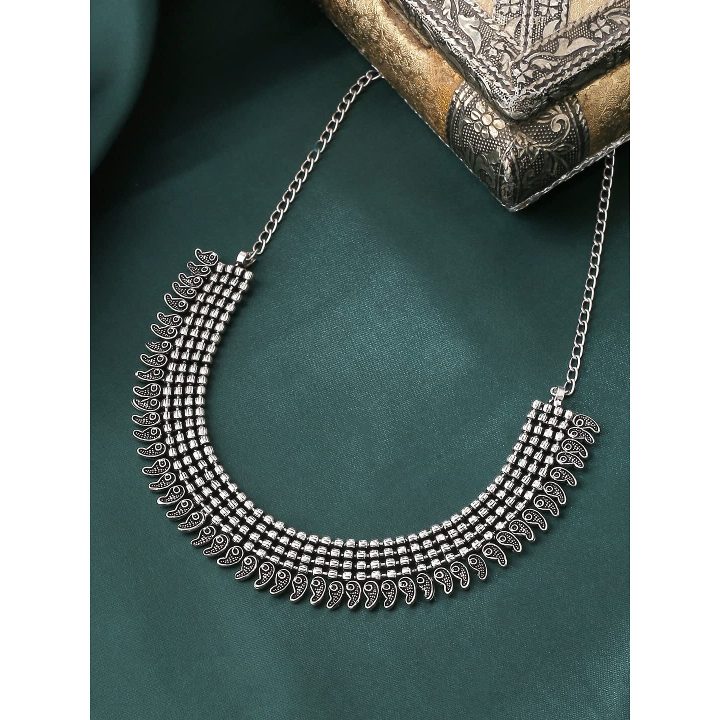 Yellow Chimes Necklaces for Women Adjustable Silver Oxidised Beads Studded Choker Necklace for Women and Girls (NK 4)