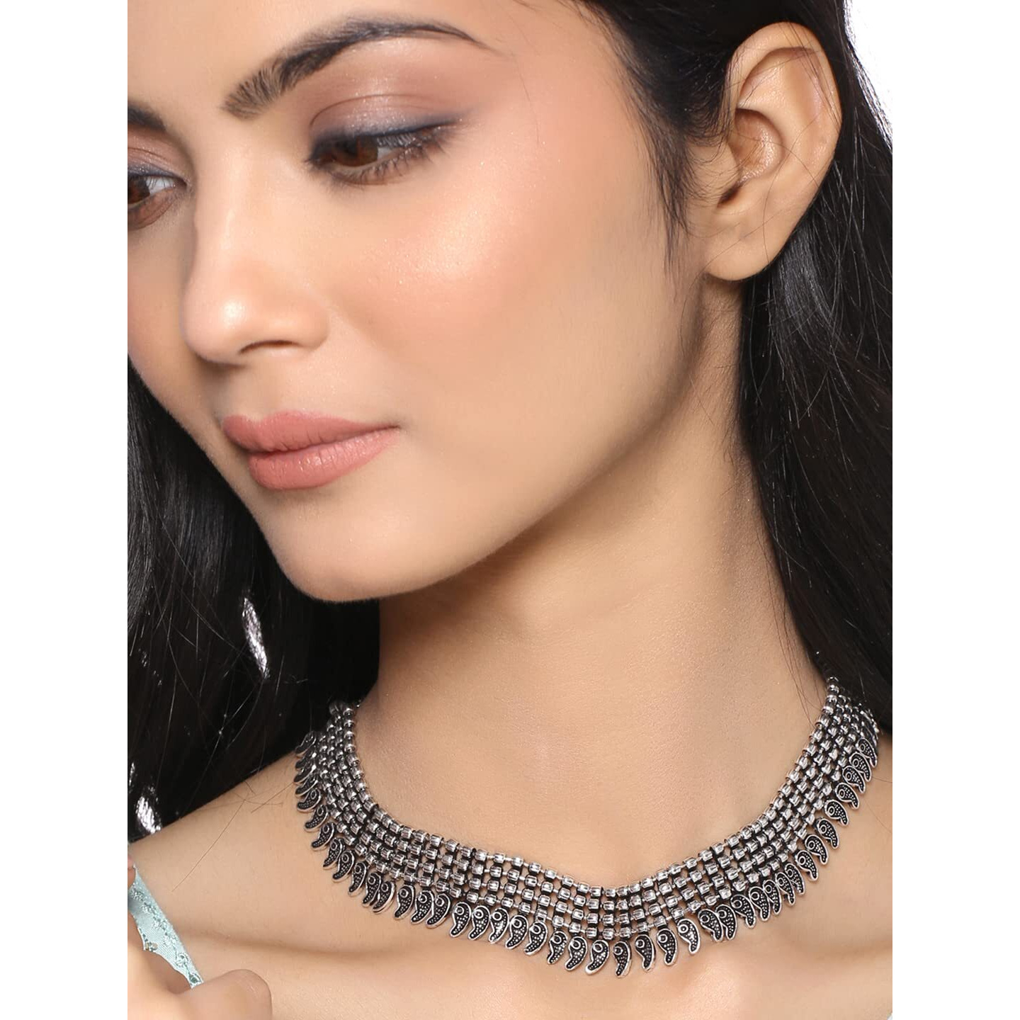 Yellow Chimes Necklaces for Women Adjustable Silver Oxidised Beads Studded Choker Necklace for Women and Girls (NK 4)