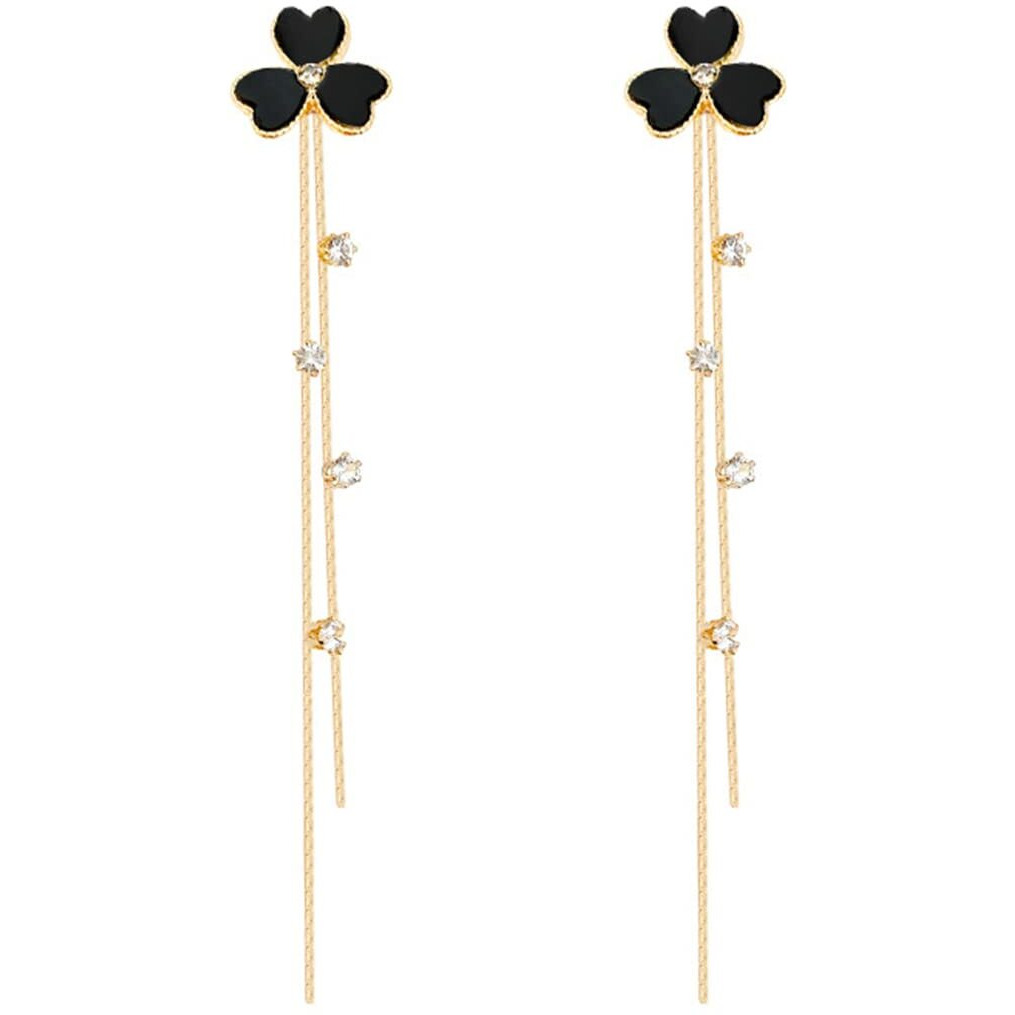 Yellow Chimes Earrings For Women Gold Tone Black Triple Heart Shape With Linear Long Chain Dangle Earring For Women and Girls