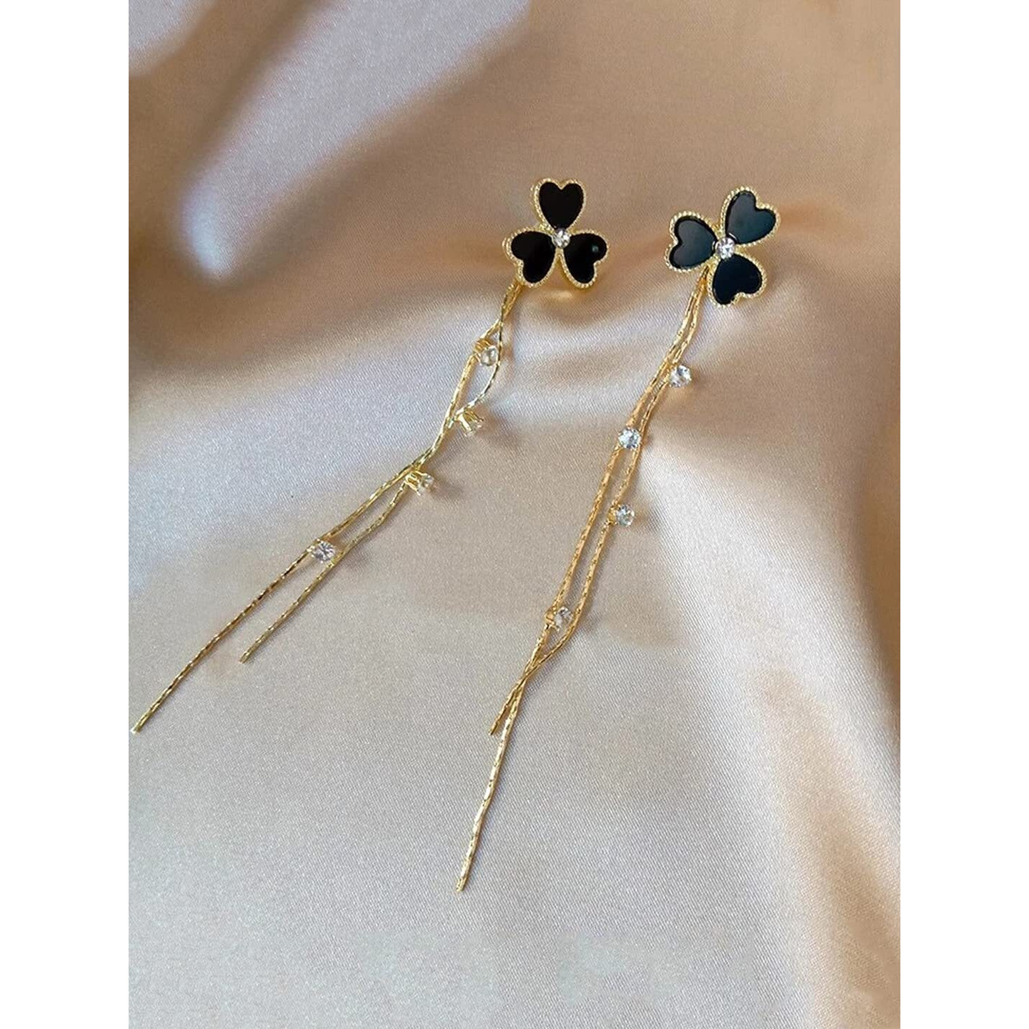 Yellow Chimes Earrings For Women Gold Tone Black Triple Heart Shape With Linear Long Chain Dangle Earring For Women and Girls