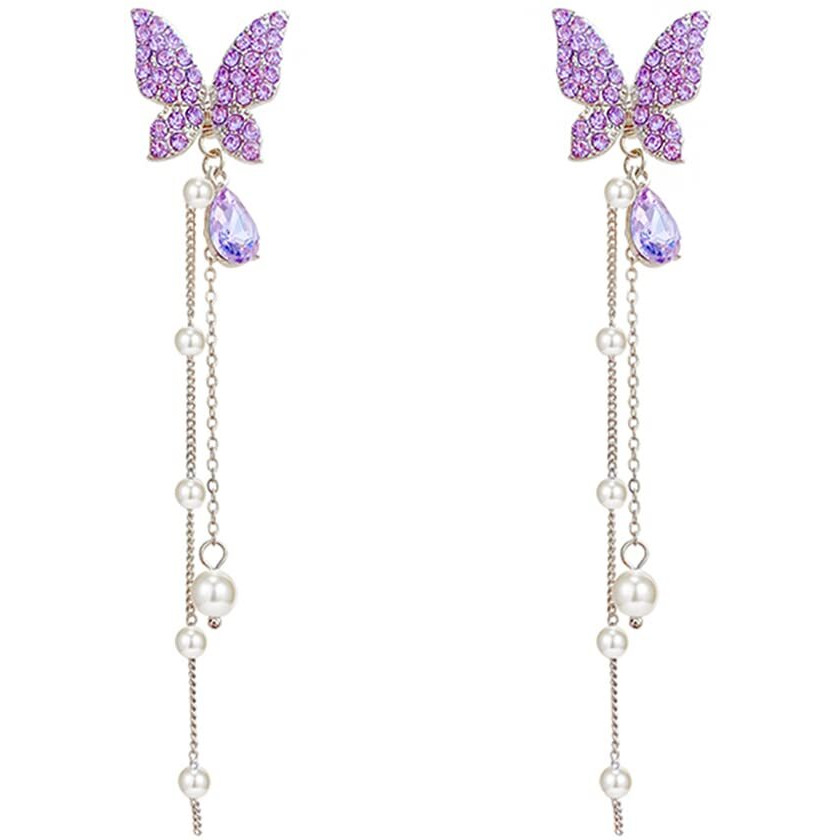 Yellow Chimes Crystal Danglers Earrings for Women | Purple Earrings for Girls | Fashion Women Earrings | Butterfly Shaped Long Chain Earrings | Birthday Gift For Girls Anniversary Gift for Wife