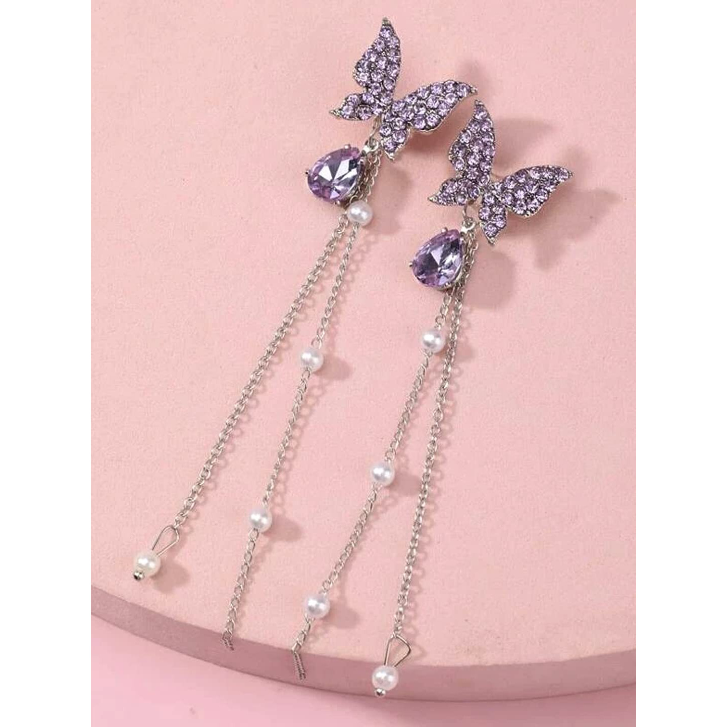 Yellow Chimes Crystal Danglers Earrings for Women | Purple Earrings for Girls | Fashion Women Earrings | Butterfly Shaped Long Chain Earrings | Birthday Gift For Girls Anniversary Gift for Wife