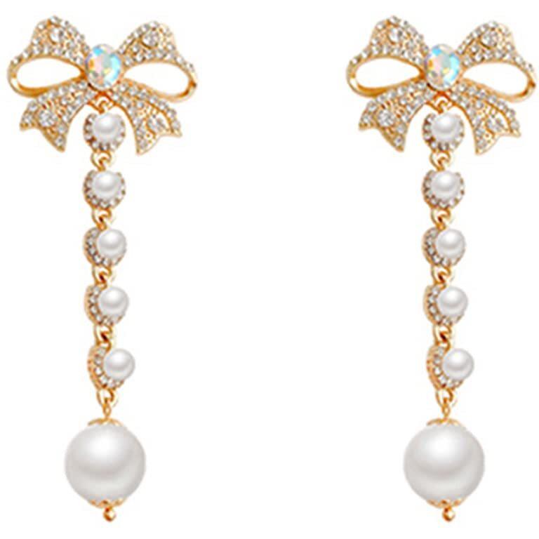 Yellow Chimes Crystal Dangler Earrings for Women | Bow Shaped Earrings for Girls | White Pearl Crystal Fashion Women Earrings | Gold Plated Danglers Birthday Gift For Girls Anniversary Gift for Wife