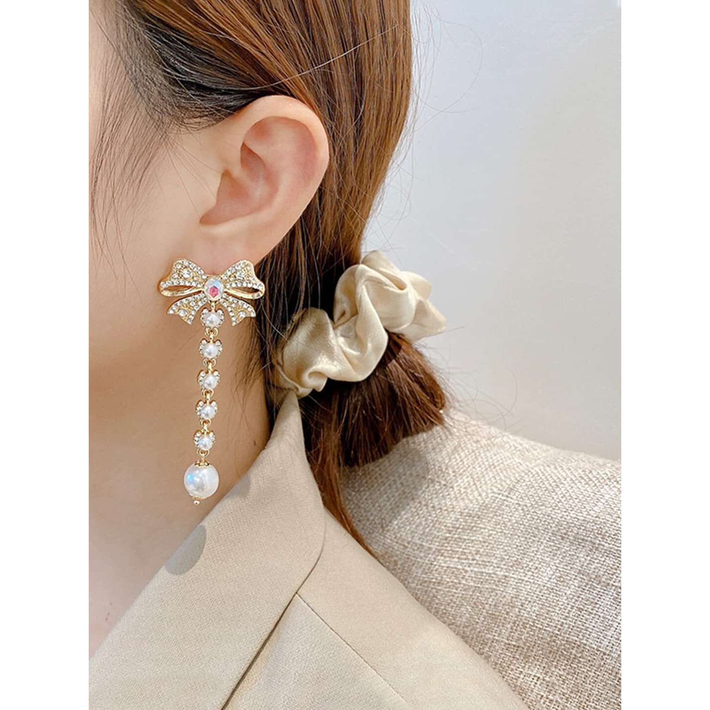 Yellow Chimes Crystal Dangler Earrings for Women | Bow Shaped Earrings for Girls | White Pearl Crystal Fashion Women Earrings | Gold Plated Danglers Birthday Gift For Girls Anniversary Gift for Wife