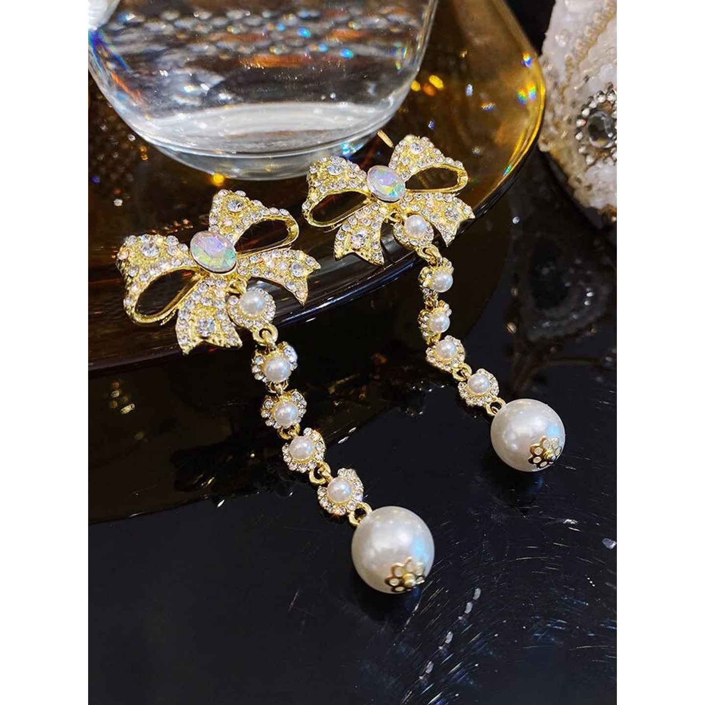 Yellow Chimes Crystal Dangler Earrings for Women | Bow Shaped Earrings for Girls | White Pearl Crystal Fashion Women Earrings | Gold Plated Danglers Birthday Gift For Girls Anniversary Gift for Wife