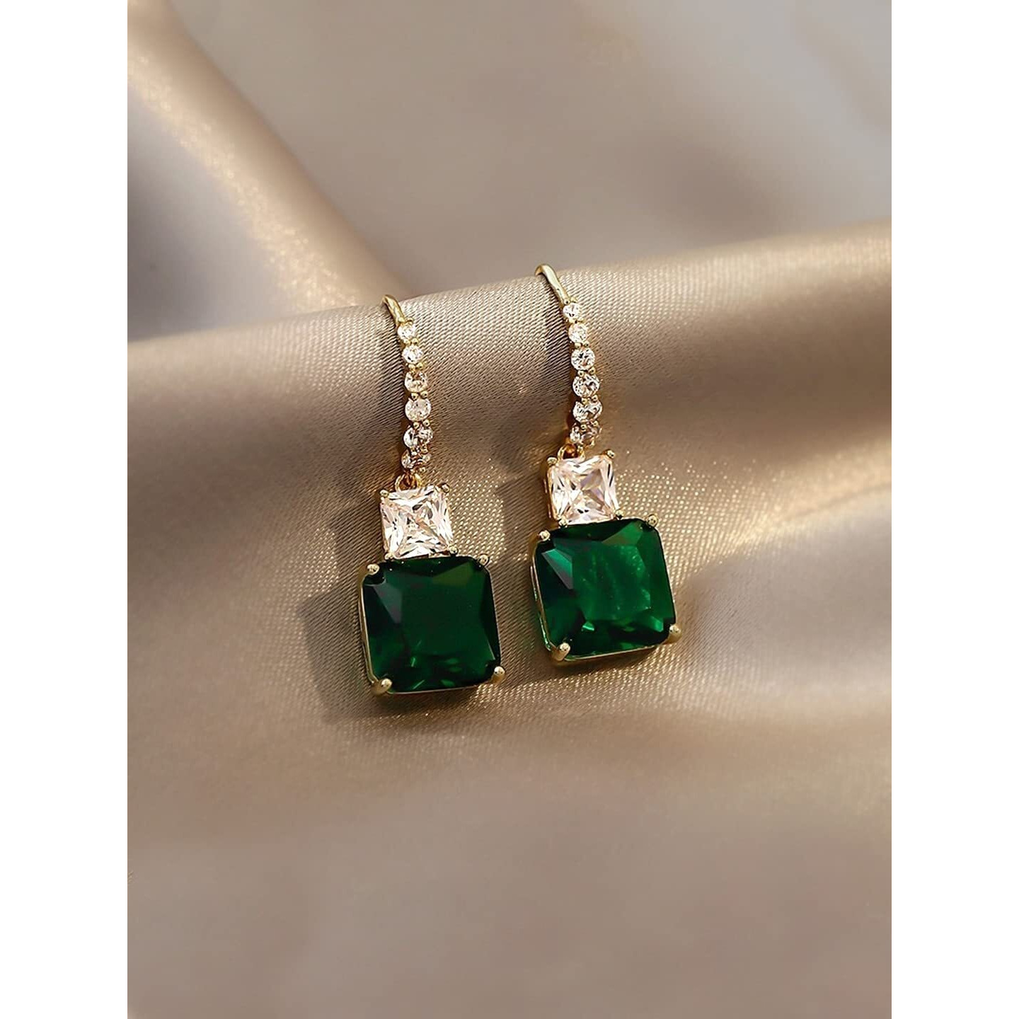Yellow Chimes Earrings For Women Green Color Crystal Studded Huggie Hoop With Rectangular Drop Earrings For Women and Girls