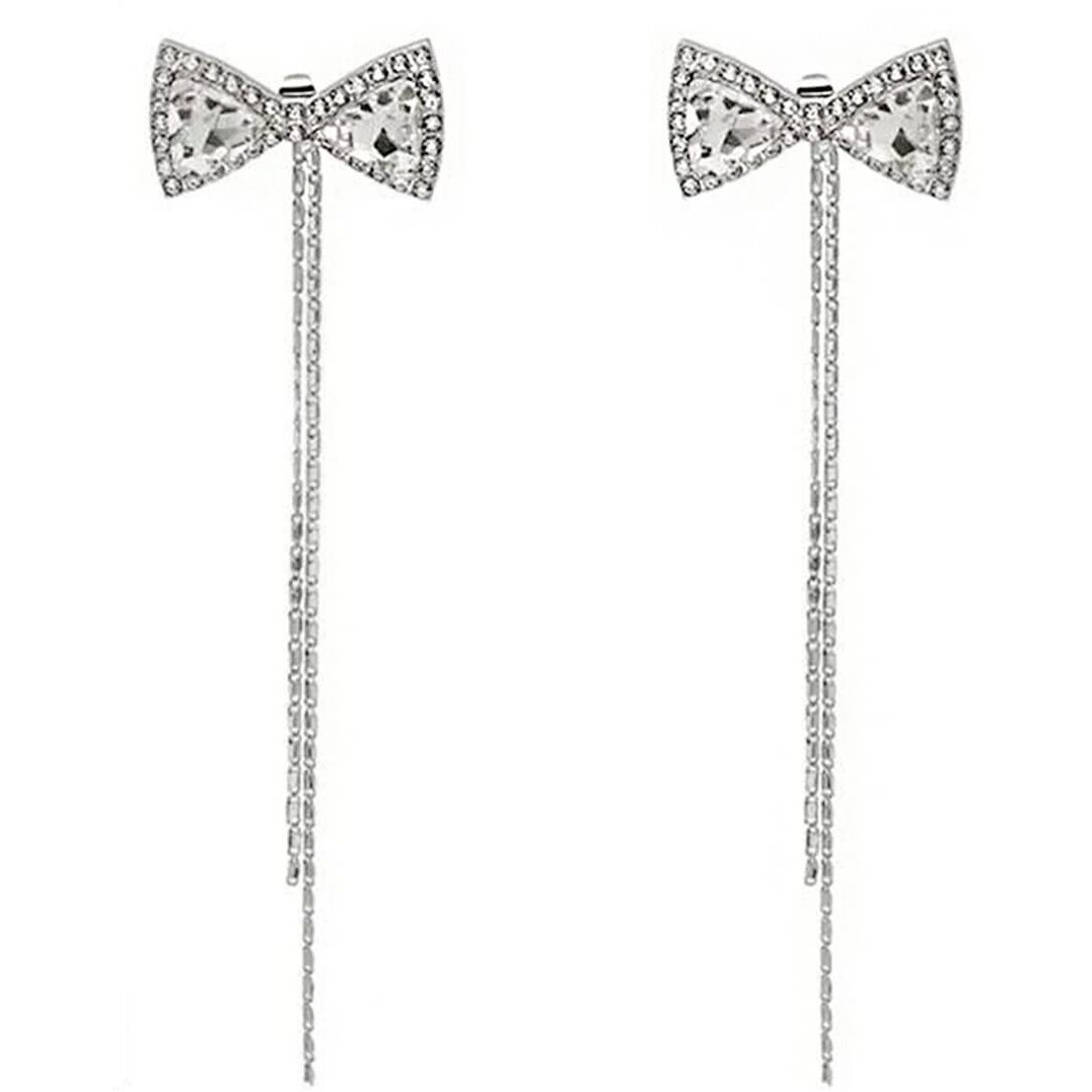Yellow Chimes Earrings for Women and Girls Silver Dangler Earrings | Silver Toned Crystal Bow Long Chain Danglers Earrings for Women | Birthday Gift for girls and women Anniversary Gift for Wife