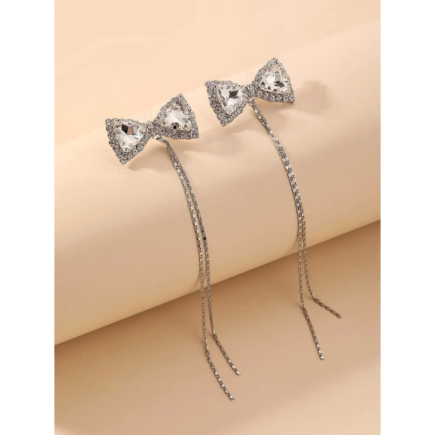 Yellow Chimes Earrings for Women and Girls Silver Dangler Earrings | Silver Toned Crystal Bow Long Chain Danglers Earrings for Women | Birthday Gift for girls and women Anniversary Gift for Wife
