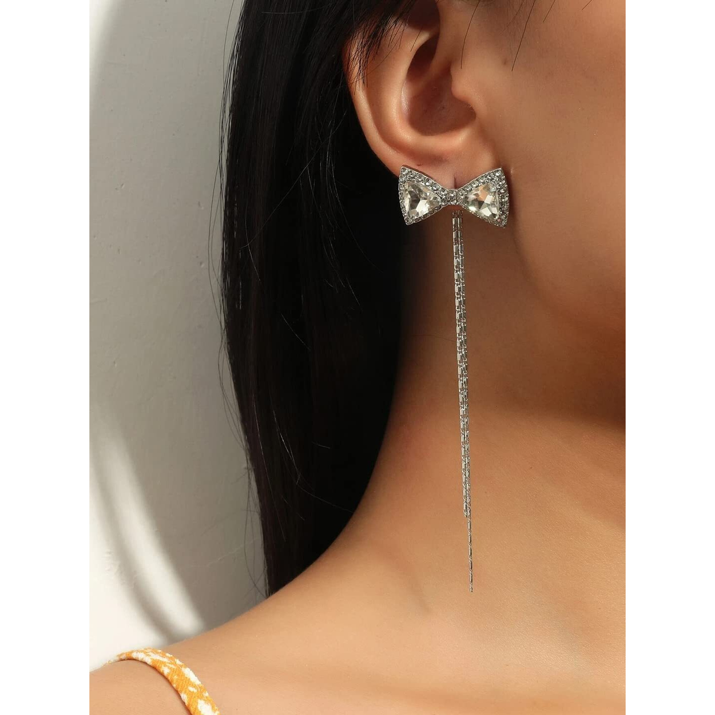 Yellow Chimes Earrings for Women and Girls Silver Dangler Earrings | Silver Toned Crystal Bow Long Chain Danglers Earrings for Women | Birthday Gift for girls and women Anniversary Gift for Wife