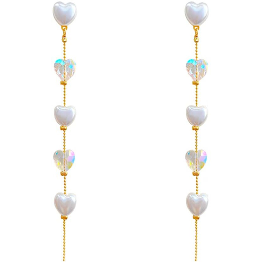 Yellow Chimes Earrings For Women Gold Tone Hearts Hanging Pearl and Stone Attached Long Chain Drop Dangler Earrings For Women and Girls