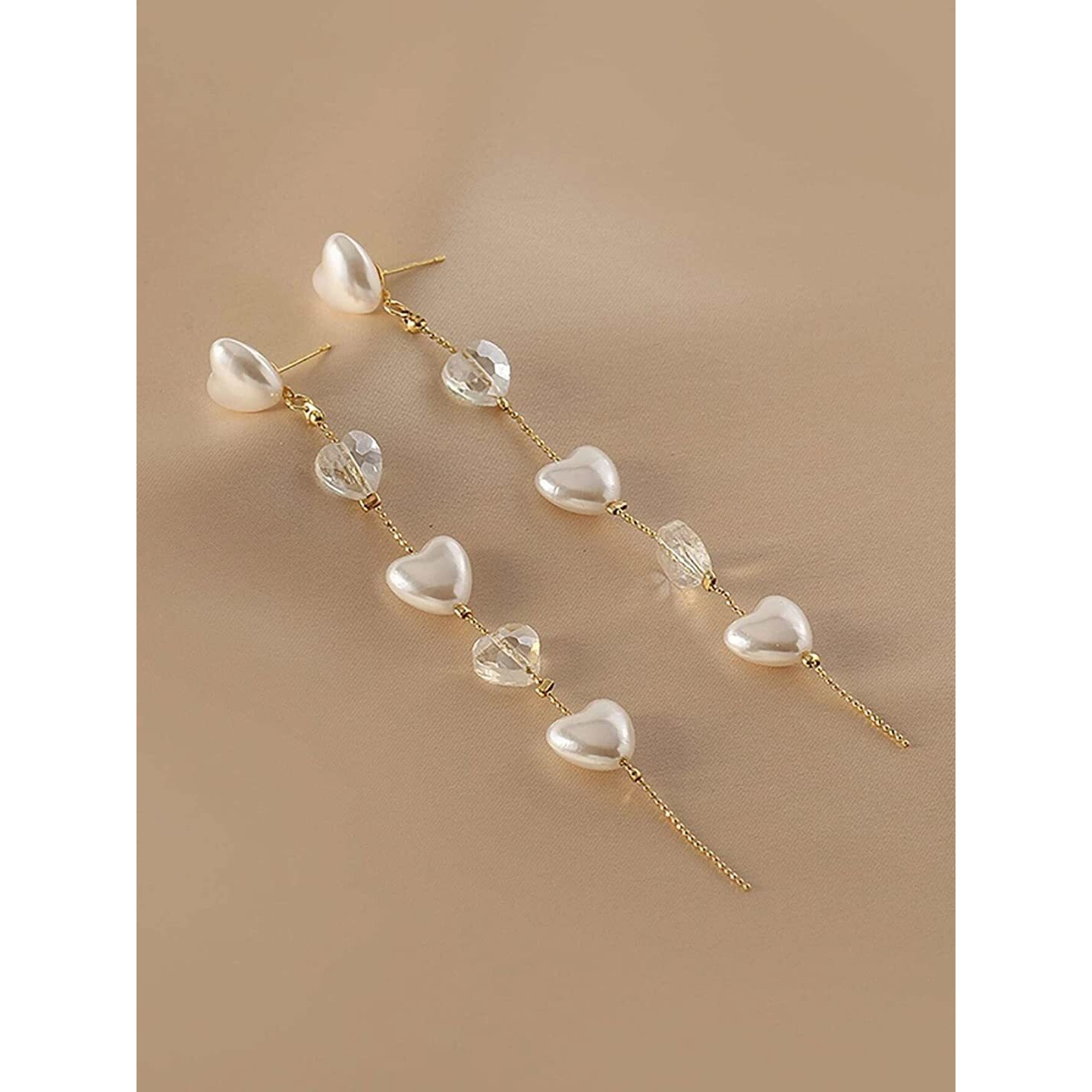 Yellow Chimes Earrings For Women Gold Tone Hearts Hanging Pearl and Stone Attached Long Chain Drop Dangler Earrings For Women and Girls