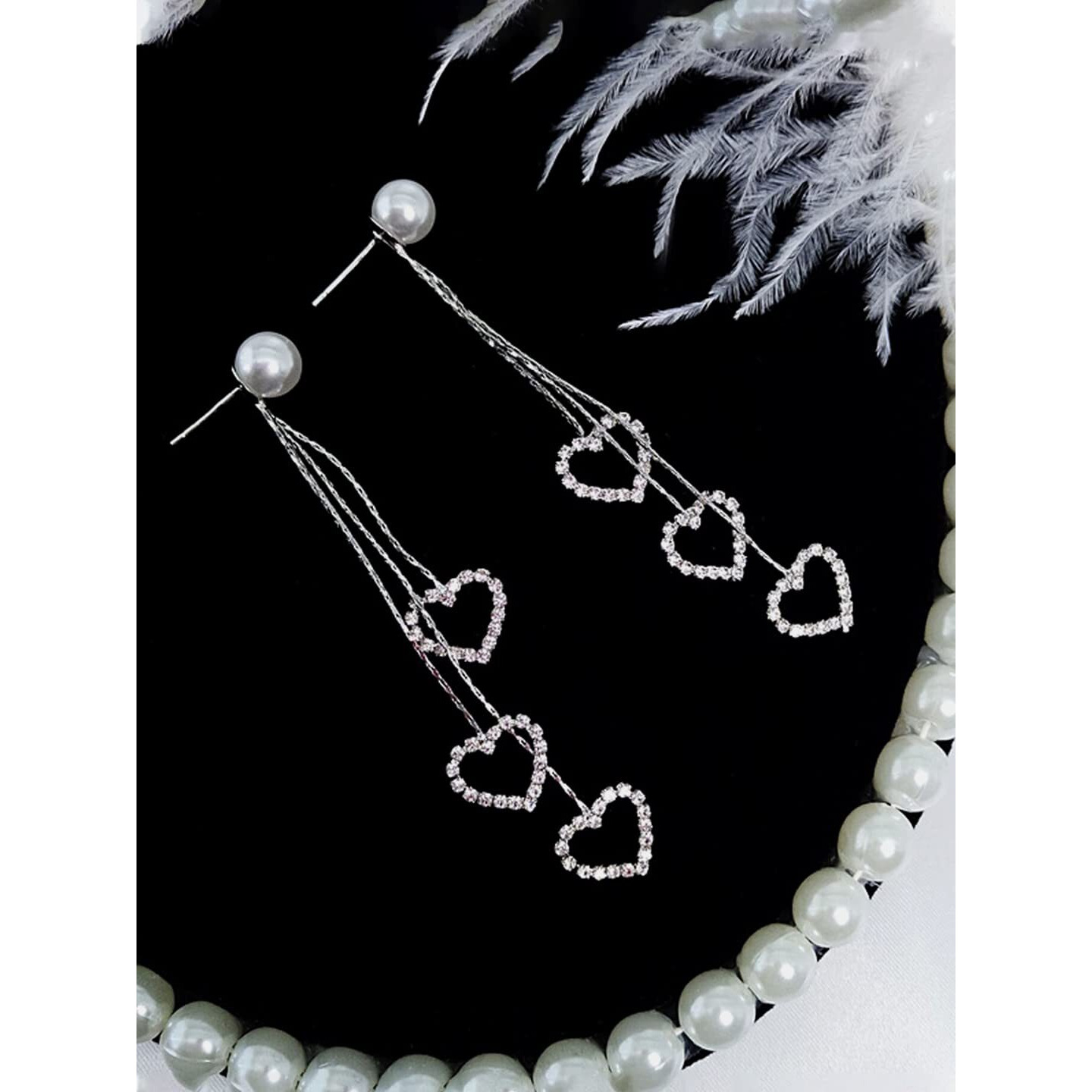 Yellow Chimes Earrings for Women & Girls Silver Pearl Dangler Earrings | Silver Toned Heart Shaped Long Chain Danglers Earrings for Women | Birthday & Anniversary Gift