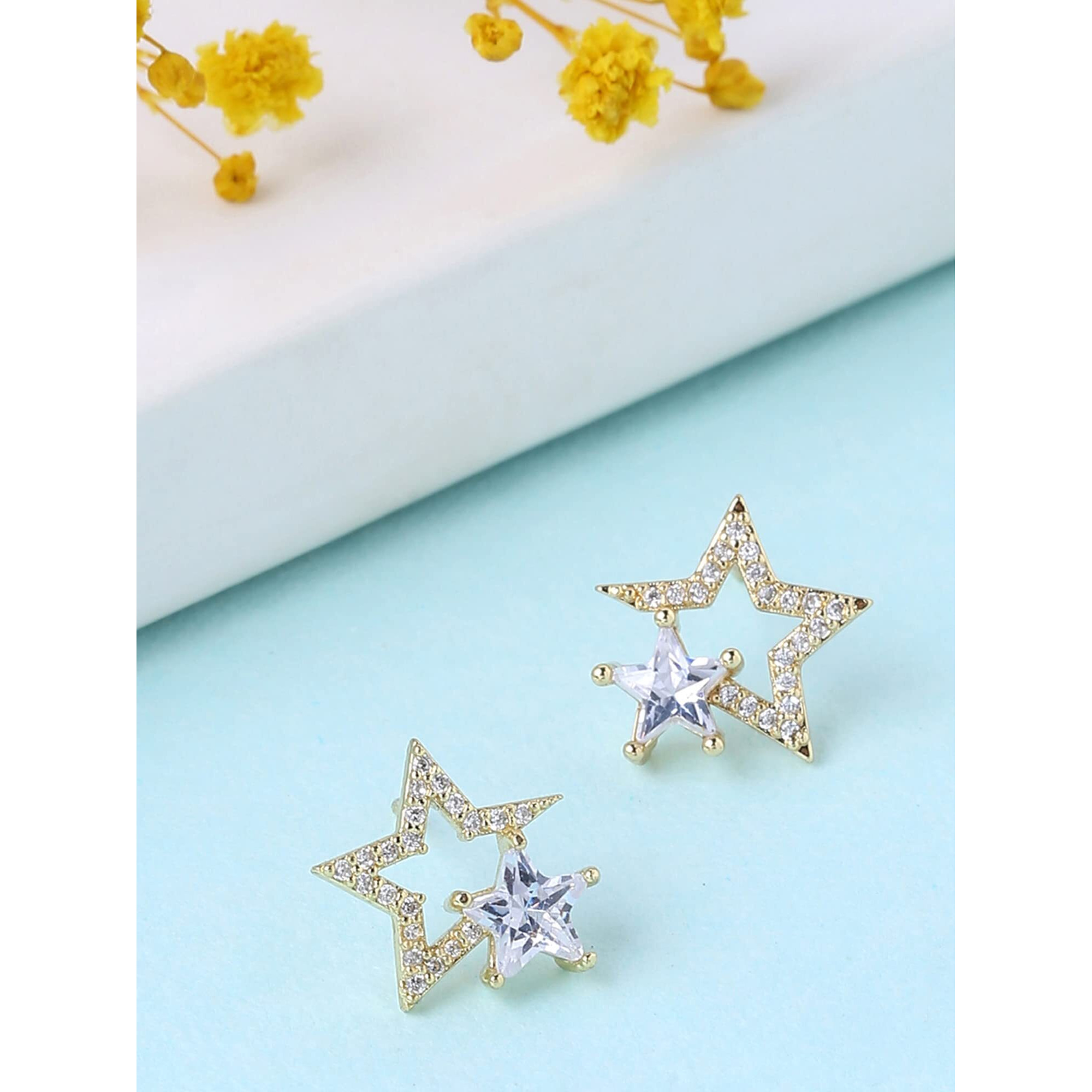 Yellow Chimes Earrings for Women and Girls Studs for Girls Gold Toned Crystal Studded Dual Star Shaped Stud Earrings | Birthday Gift for girls and women Anniversary Gift for Wife