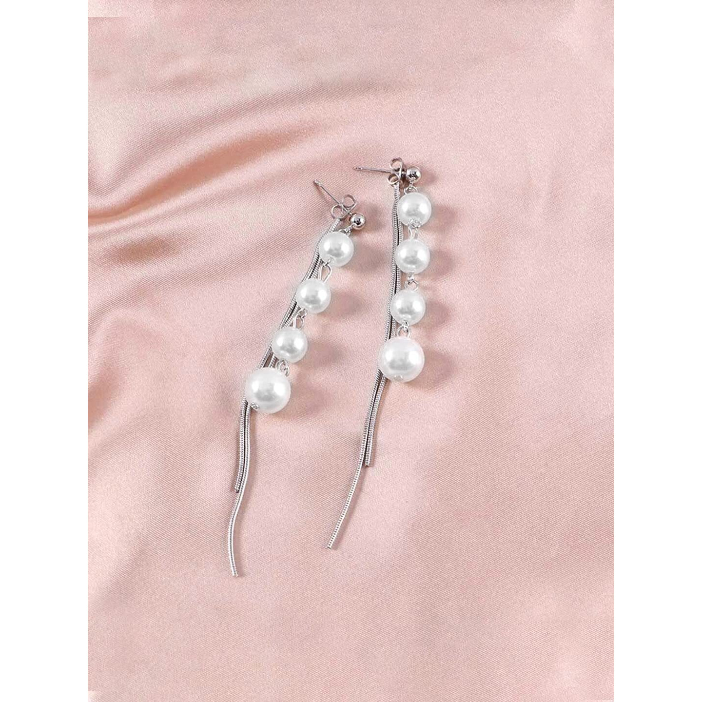 Yellow Chimes Earrings for Women and Girls Silver Pearl Dangler | Silver Toned Long Chain Danglers Earrings for Women | Birthday Gift for girls and women Anniversary Gift for Wife
