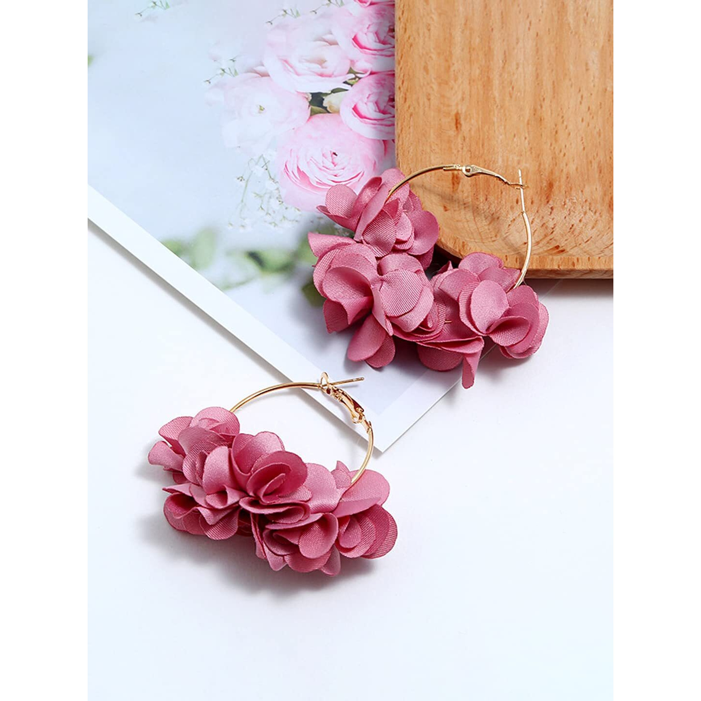 Yellow Chimes Earrings For Women Pink Color Boho Dangle Lace Cloth Mesh Yarn Chiffon Silk Handmade Flower Layered Petal Circel Hoop Jewelry Earrings for Women and Girls