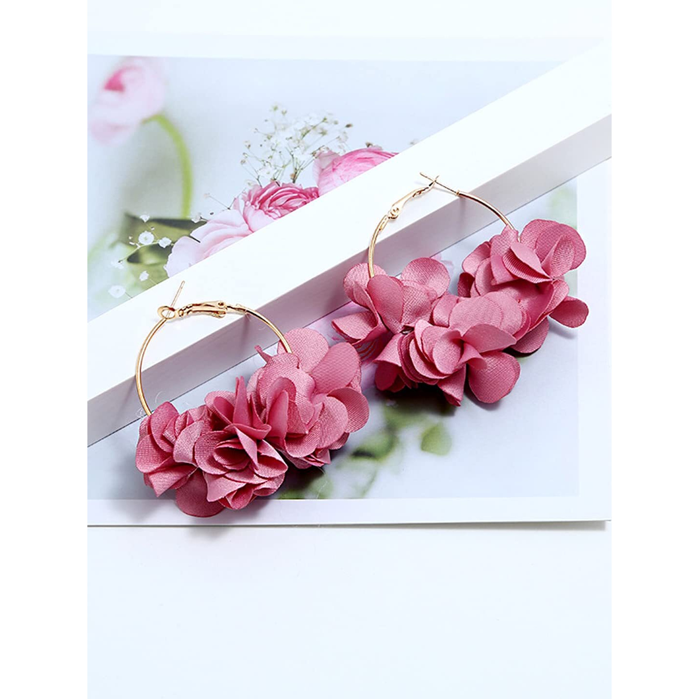 Yellow Chimes Earrings For Women Pink Color Boho Dangle Lace Cloth Mesh Yarn Chiffon Silk Handmade Flower Layered Petal Circel Hoop Jewelry Earrings for Women and Girls