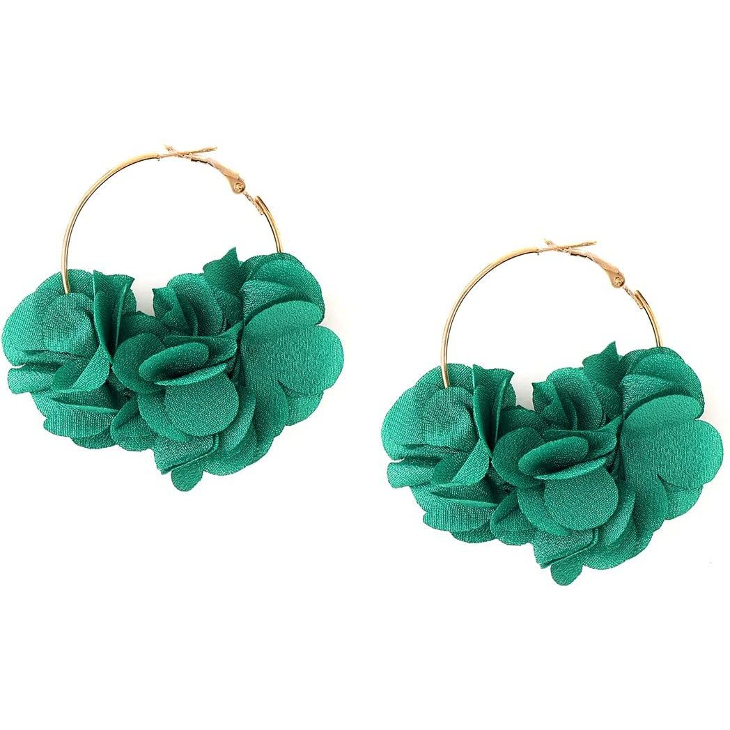 Yellow Chimes Earrings For Women Green Color Boho Dangle Lace Cloth Mesh Yarn Chiffon Silk Handmade Flower Layered Petal Circel Hoop Jewelry Earrings for Women and Girls