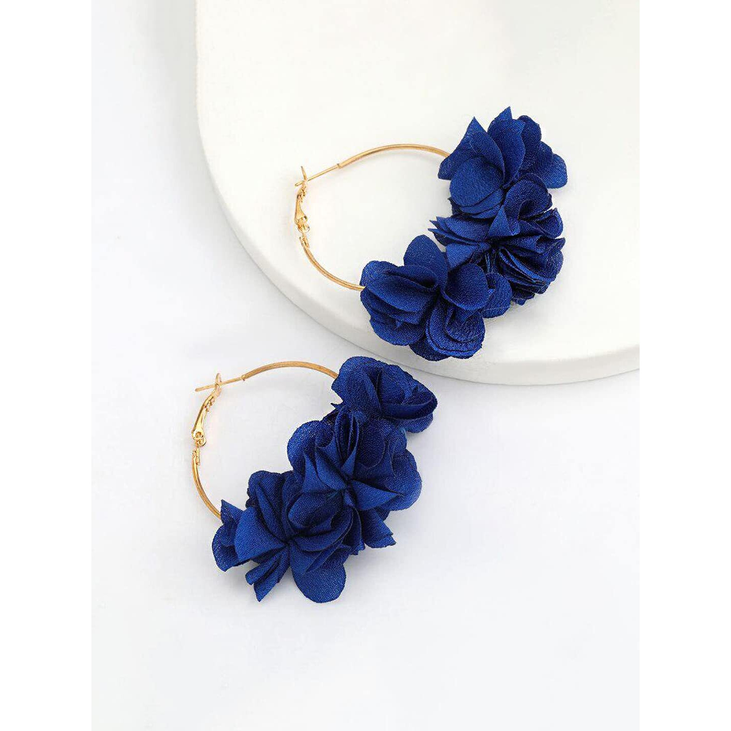 Yellow Chimes Earrings For Women Blue Color Boho Dangle Lace Cloth Mesh Yarn Chiffon Silk Handmade Flower Layered Petal Circel Hoop Jewelry Earrings for Women and Girls