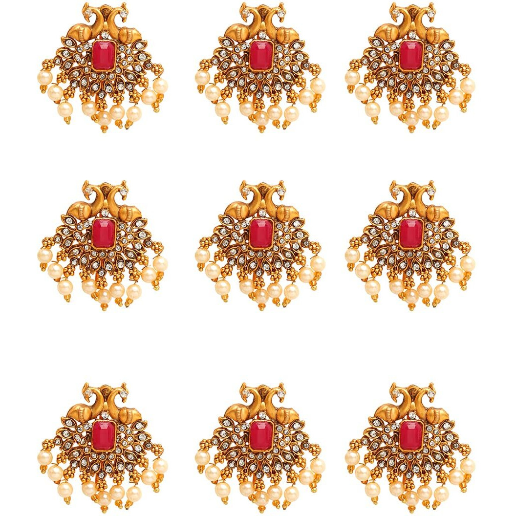 Yellow Chimes Jadai Billai for Women 9 Pcs Gold Plated Red Crystal Studded Beads Drop Choti Jadai Billai Hair Pin Bridal Hair Brooch Hair Jewellery for Women and Girls