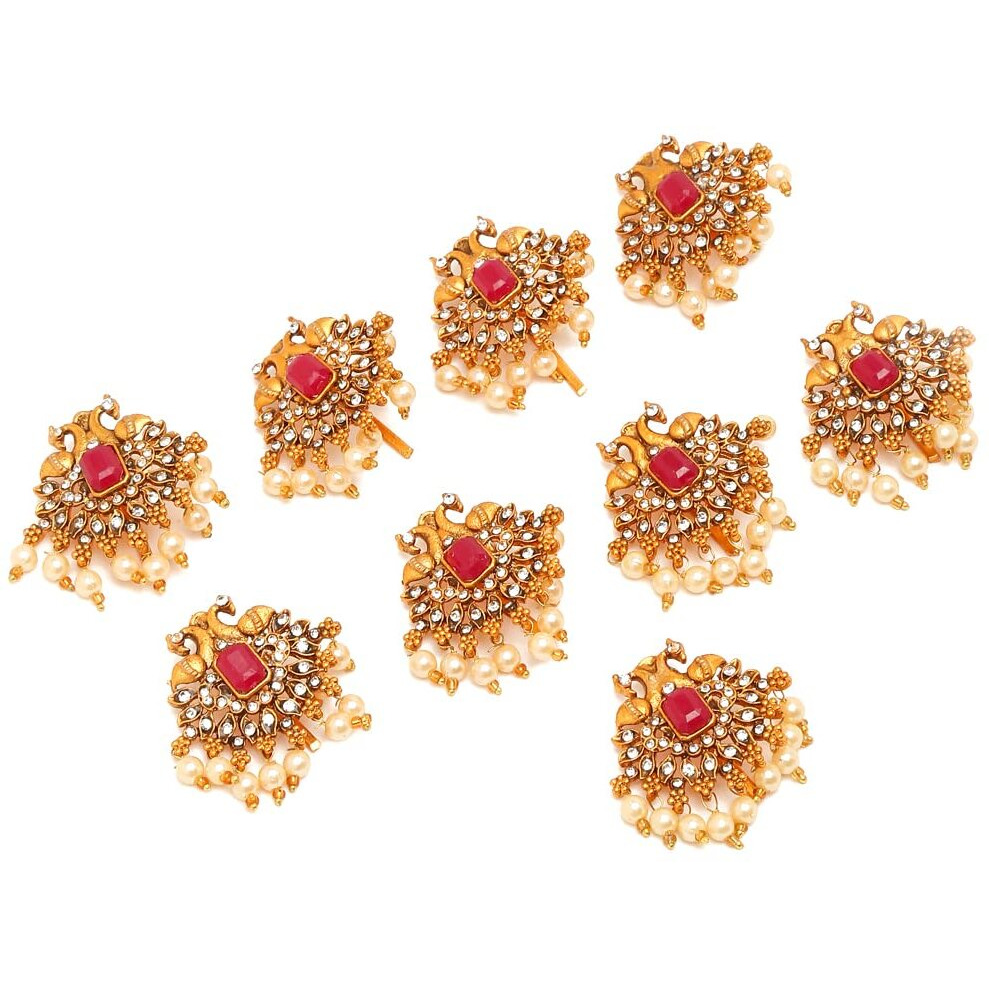 Yellow Chimes Jadai Billai for Women 9 Pcs Gold Plated Red Crystal Studded Beads Drop Choti Jadai Billai Hair Pin Bridal Hair Brooch Hair Jewellery for Women and Girls