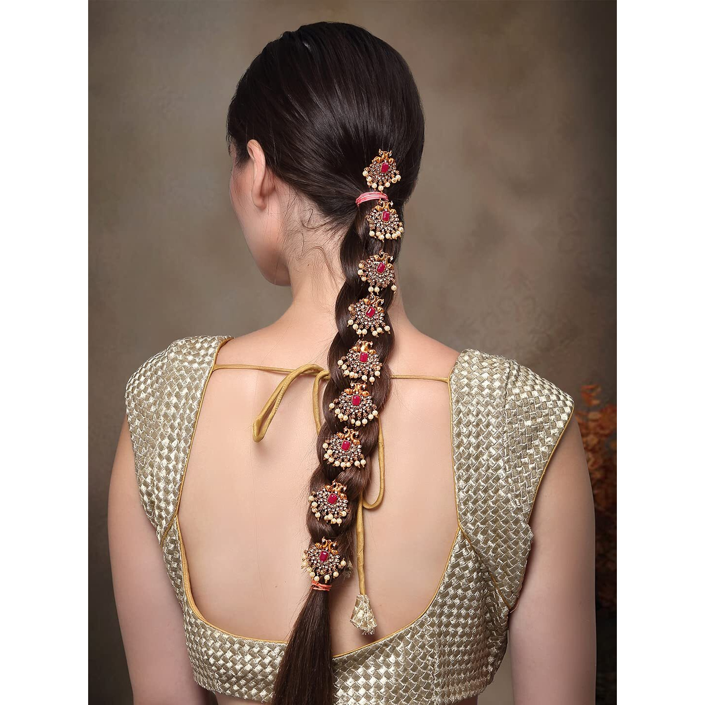Yellow Chimes Jadai Billai for Women 9 Pcs Gold Plated Red Crystal Studded Beads Drop Choti Jadai Billai Hair Pin Bridal Hair Brooch Hair Jewellery for Women and Girls