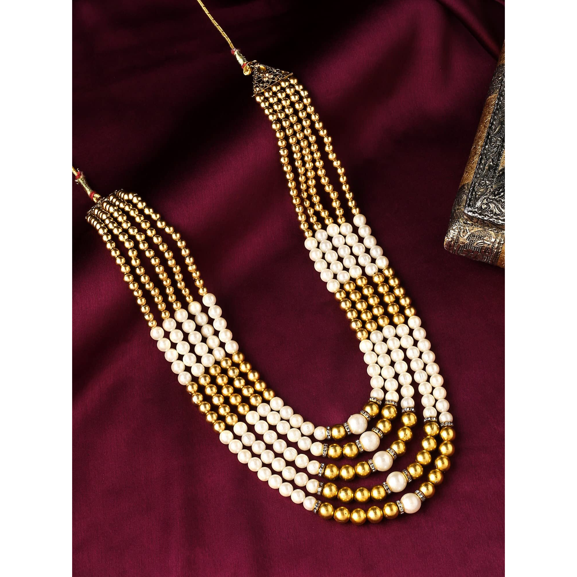 Yellow Chimes Dulahmala For Mens Golden Beads Pearl Necklace Jewellery for Groom Dulha Moti Mal Haar For Men Sherwani Necklace