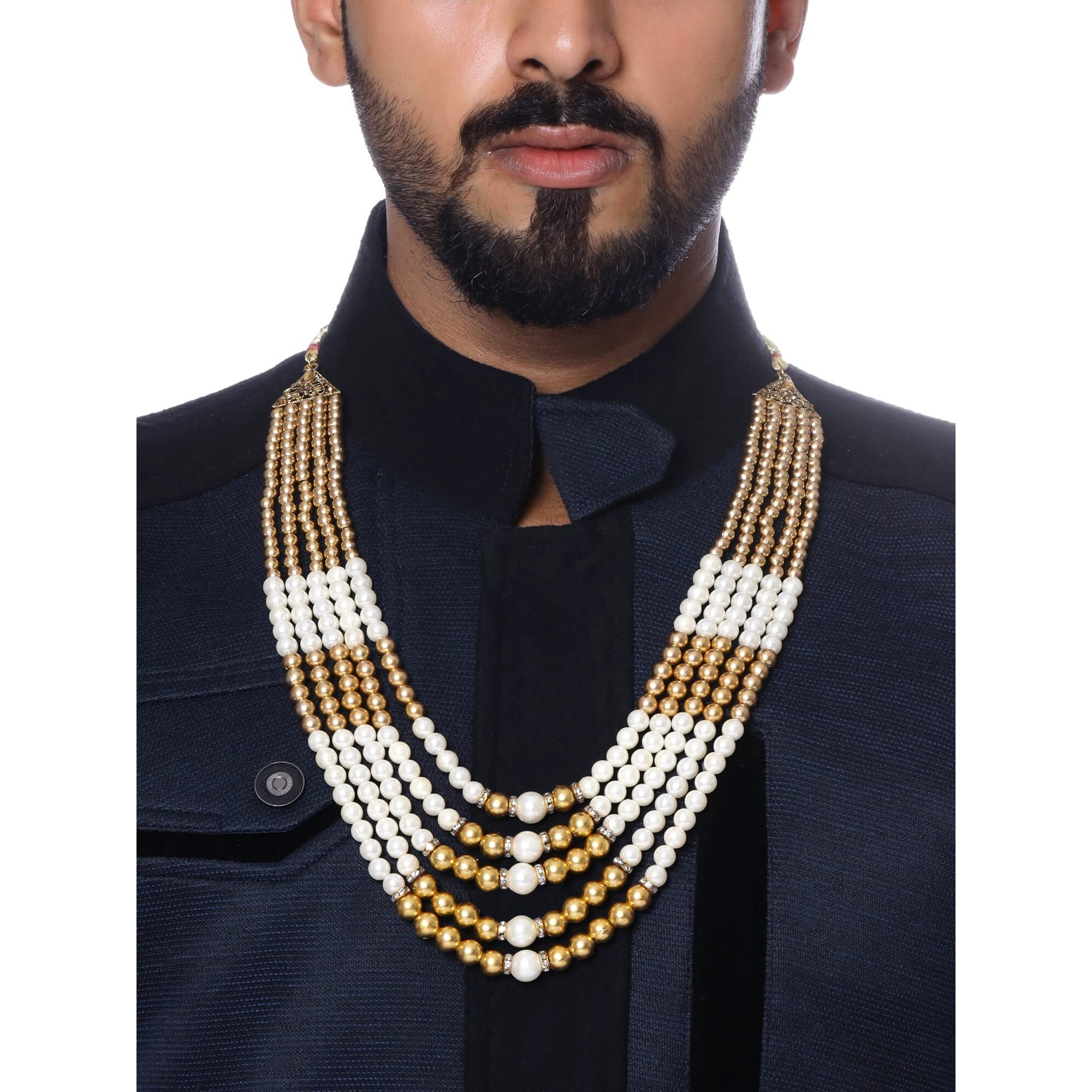 Yellow Chimes Dulahmala For Mens Golden Beads Pearl Necklace Jewellery for Groom Dulha Moti Mal Haar For Men Sherwani Necklace