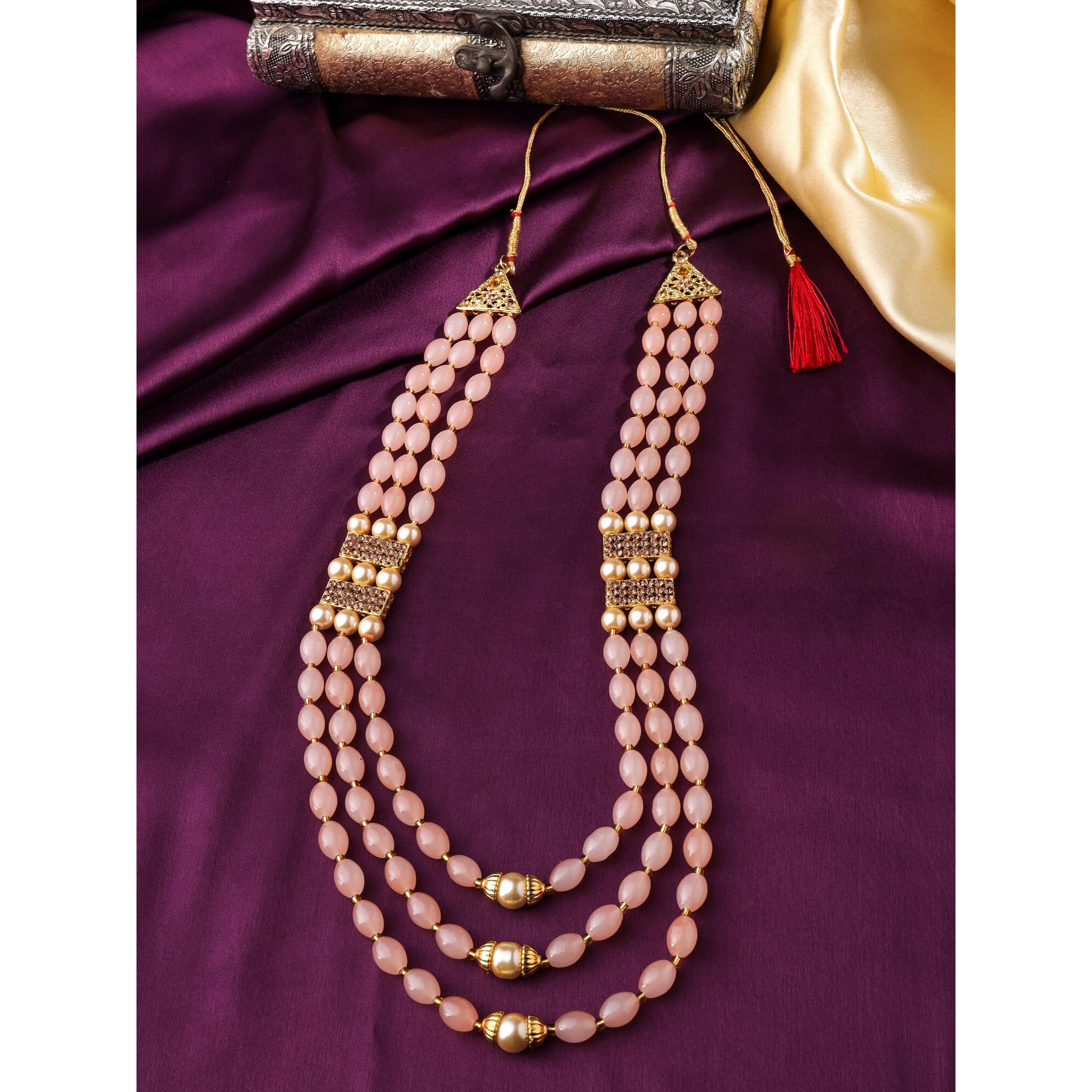 Yellow Chimes Dulahmala For Mens Peach Beads Pearl Necklace Jewellery for Groom Dulha Moti Mal Haar For Men Sherwani Necklace