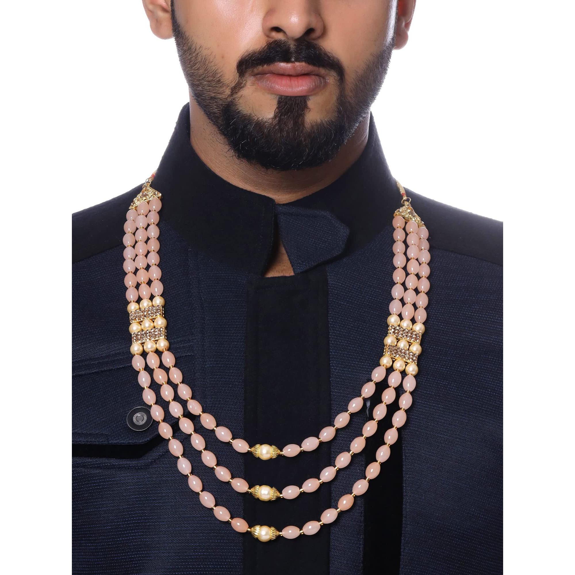 Yellow Chimes Dulahmala For Mens Peach Beads Pearl Necklace Jewellery for Groom Dulha Moti Mal Haar For Men Sherwani Necklace