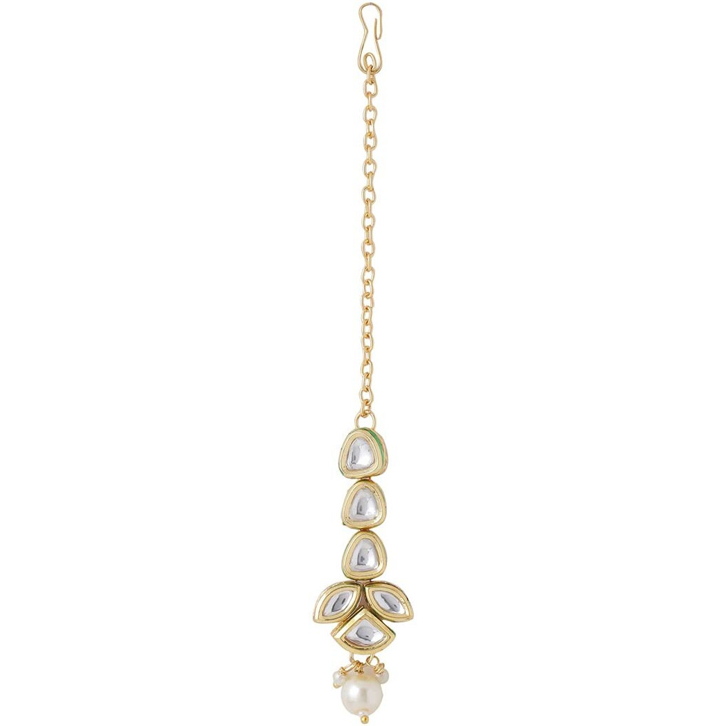Yellow Chimes Maangtikka for Women Gold Toned Kundan Studded Floral Designed White Beads Drop Maangtikka for Women and Girls