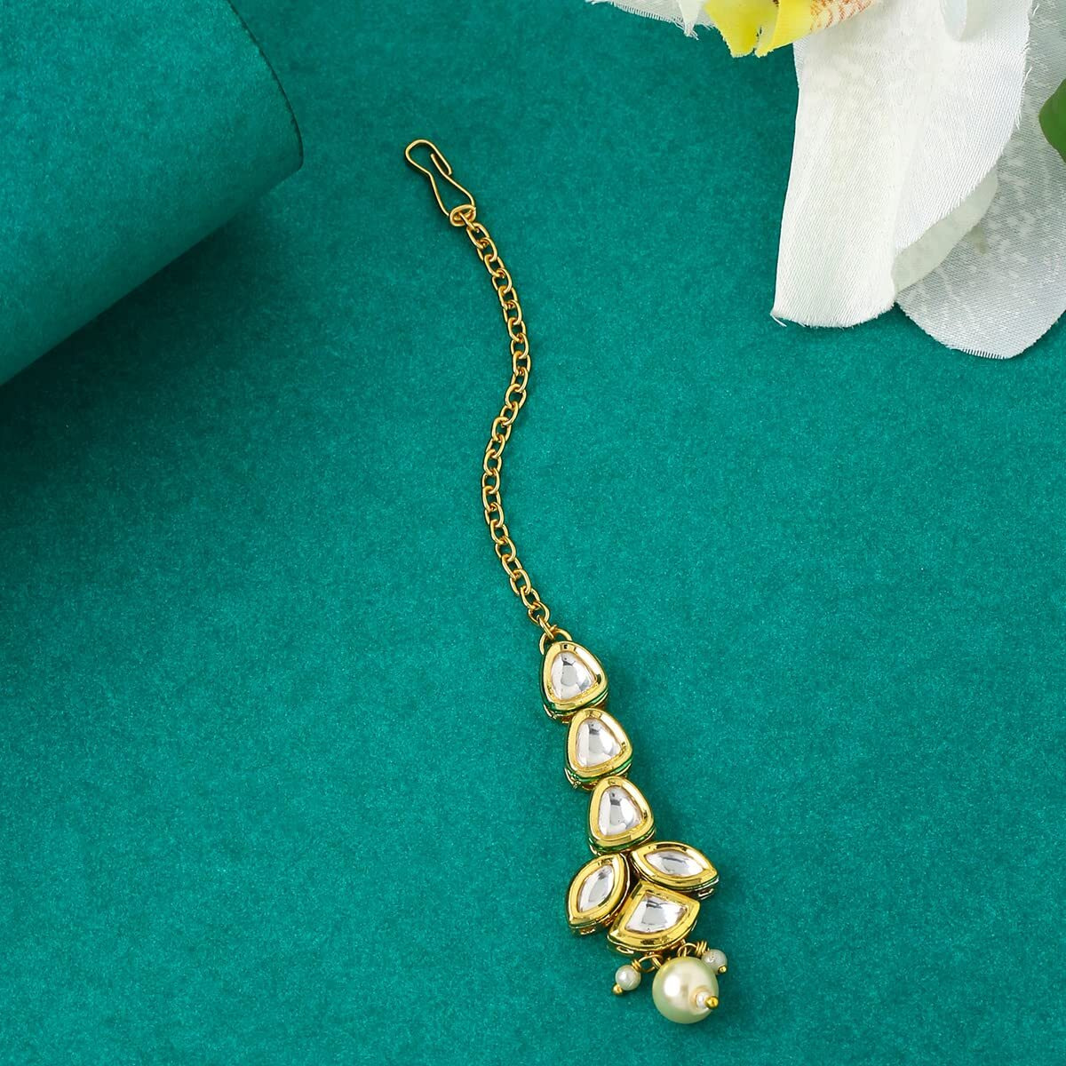 Yellow Chimes Maangtikka for Women Gold Toned Kundan Studded Floral Designed White Beads Drop Maangtikka for Women and Girls